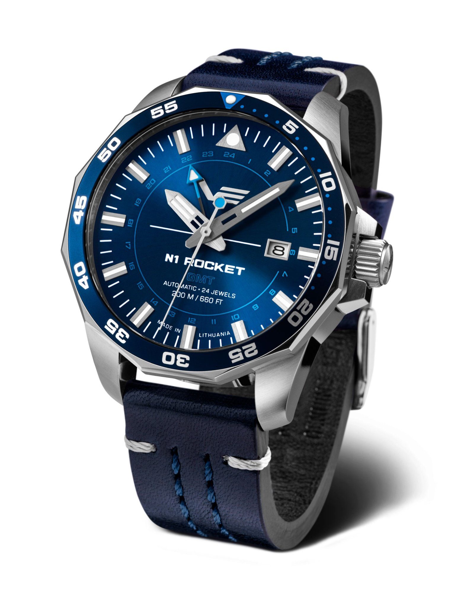 Vostok Europe Automatikuhr GMT Rocket N1 – 46 mm Edelstahlgehäuse, blaues Lederarmband 225A712-L