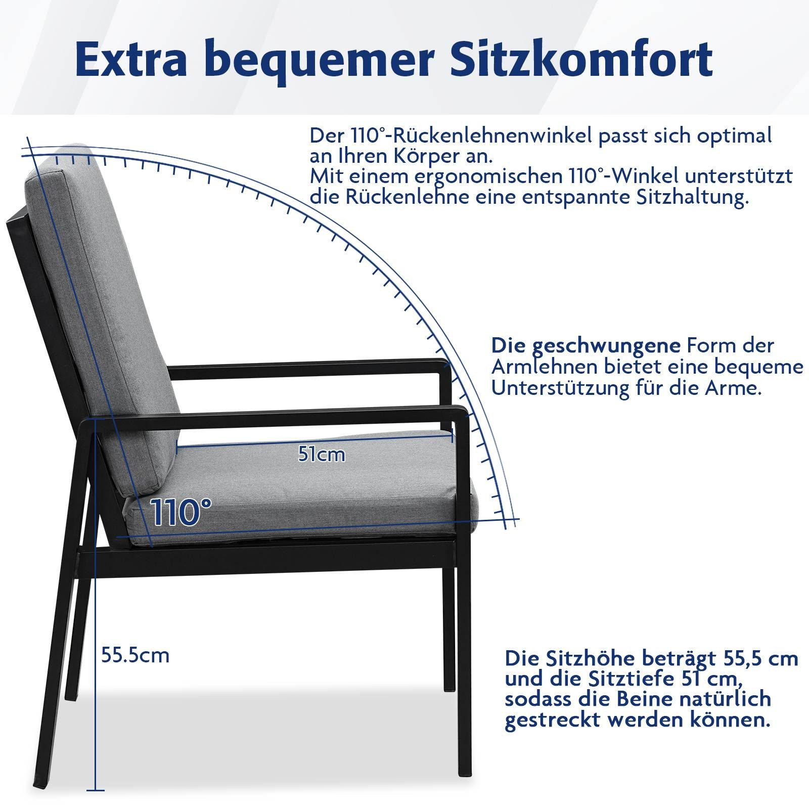 MeXo Gartenlounge-Set Alu Gartenmöbel-Sets Gartenstuhl, (2-tlg., 2 Esszimmerstühle, 60x 68x 85 cm, 4 Auflagen, bis zu 140 kg belastbar), wetterfest Gartengarnit – Bild 4 von 5