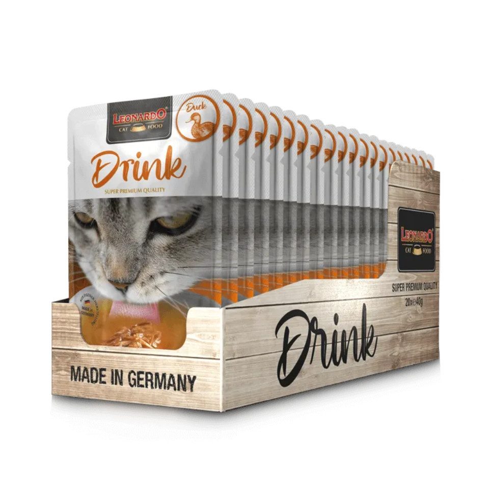 Leonardo Catfood Drink Duck - mit Brühe und Fleisch von Ente & Huhn 20x40g, Ergänzungsfutter für: Katzen