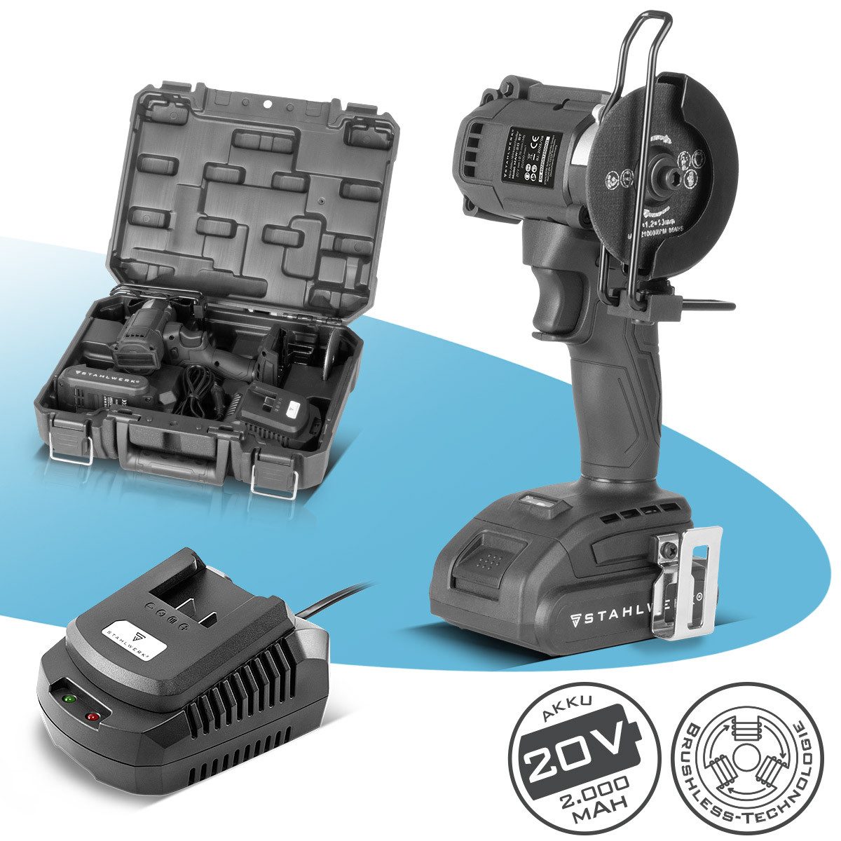 STAHLWERK Akku-Winkelschleifer Mini Akku Winkelschleifer Brushless Handwinkelschleifer 20Volt 2Ah, max. 20000 U/min, (1 tlg)