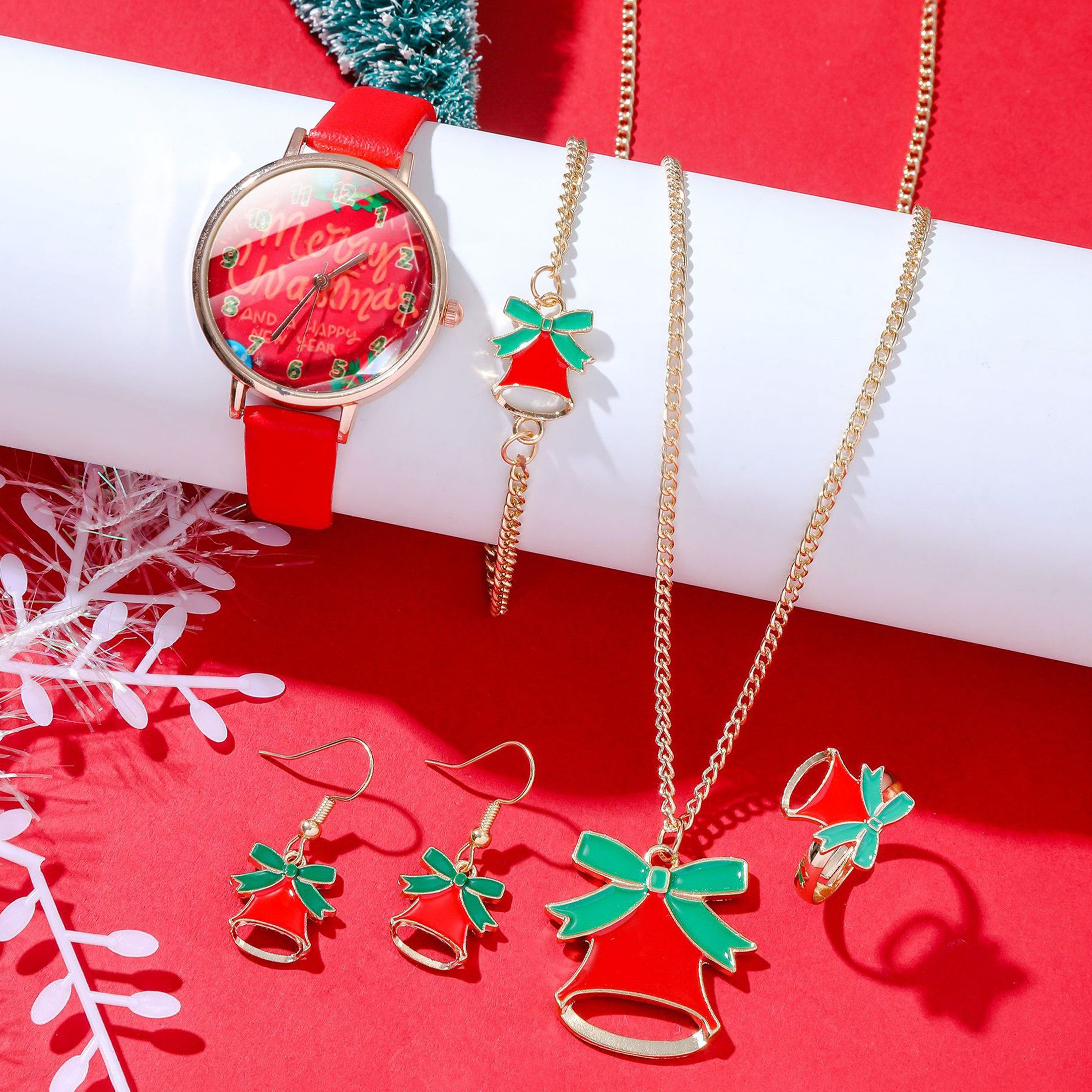 ibettertec Weihnachtsmann 6pcs Weihnachtshalskette Set Ohrringe Armband Ring Halskette Quarzuhr (Weihnachten Schmuck Geschenke Set für Frauen Mädchen, Schmuck-Set für Damen mit Geschenkverpackung), Weihnachtsgeschenke, Neujahrsgeschenke, Party Geschenke