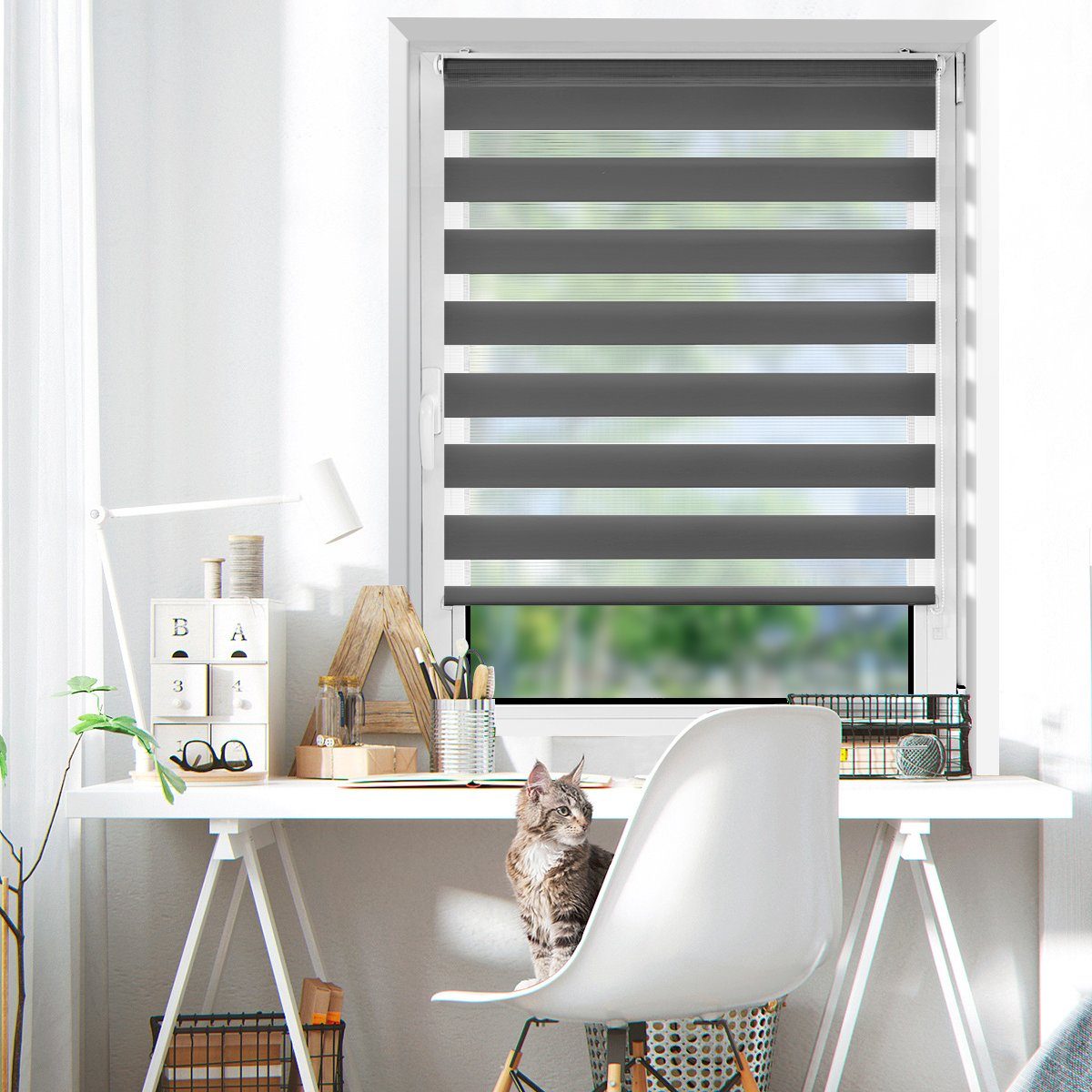 Doppelrollo rollos für Fenster ohne Bohren 130cm, OUBO, Lichtschutz, freihängend, mit Klemmträger, Klemmfix, livhtdurchlässig und verdunkelnd