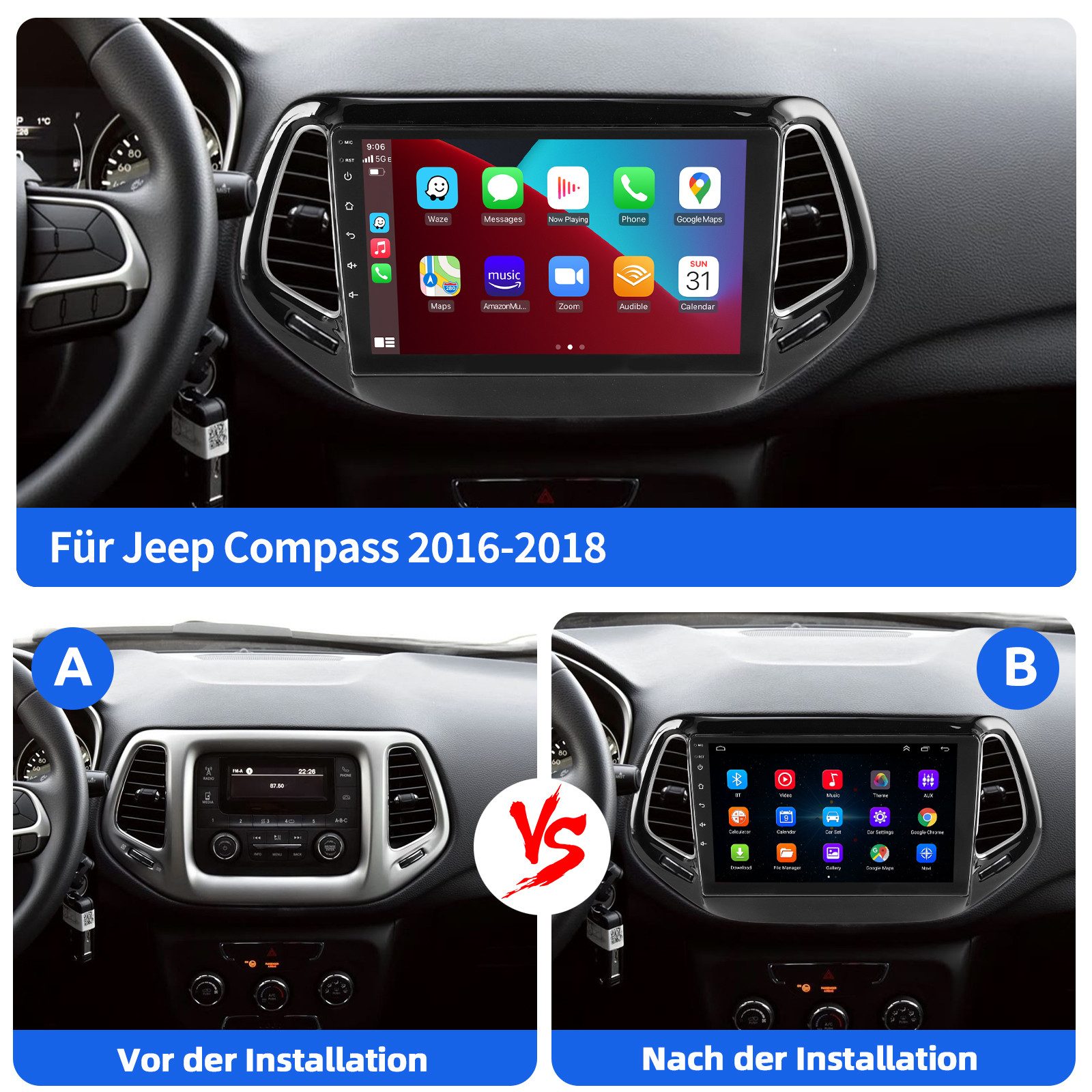ESSGOO Für Jeep Compass 2017-2020 Android 15.0 Autoradio Carplay NAVI FM SWC Autoradio (DAB+ (optional), DAB (optional), 4+64GB(optional), RDS, AM, FM, Carplay  – Bild 4 von 5