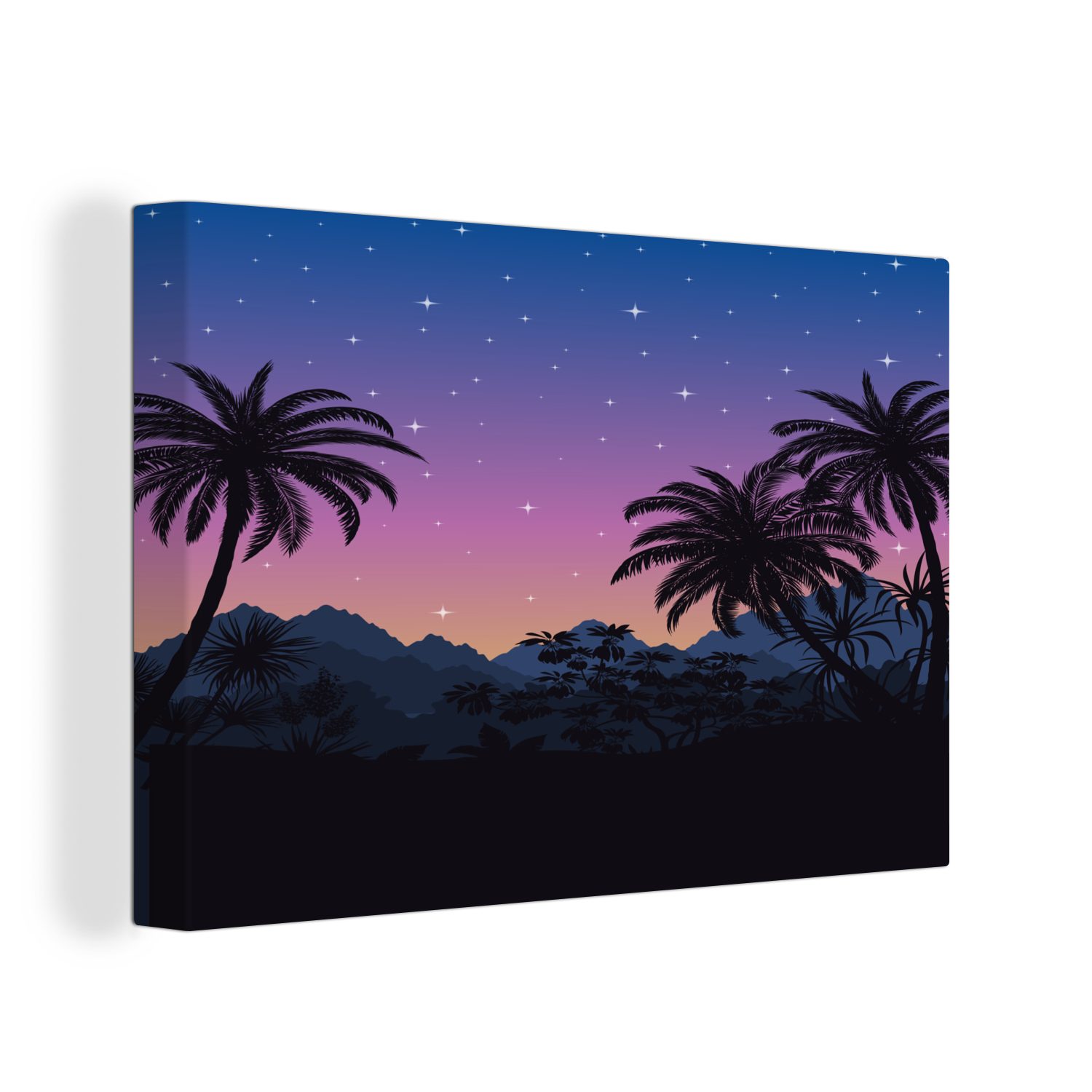 OneMillionCanvasses® Leinwandbild Palme - Berg - Nacht, (1 St), Wandbild Leinwandbilder, Aufhängefertig, Wanddeko, 30x20 cm | Leinwandbilder
