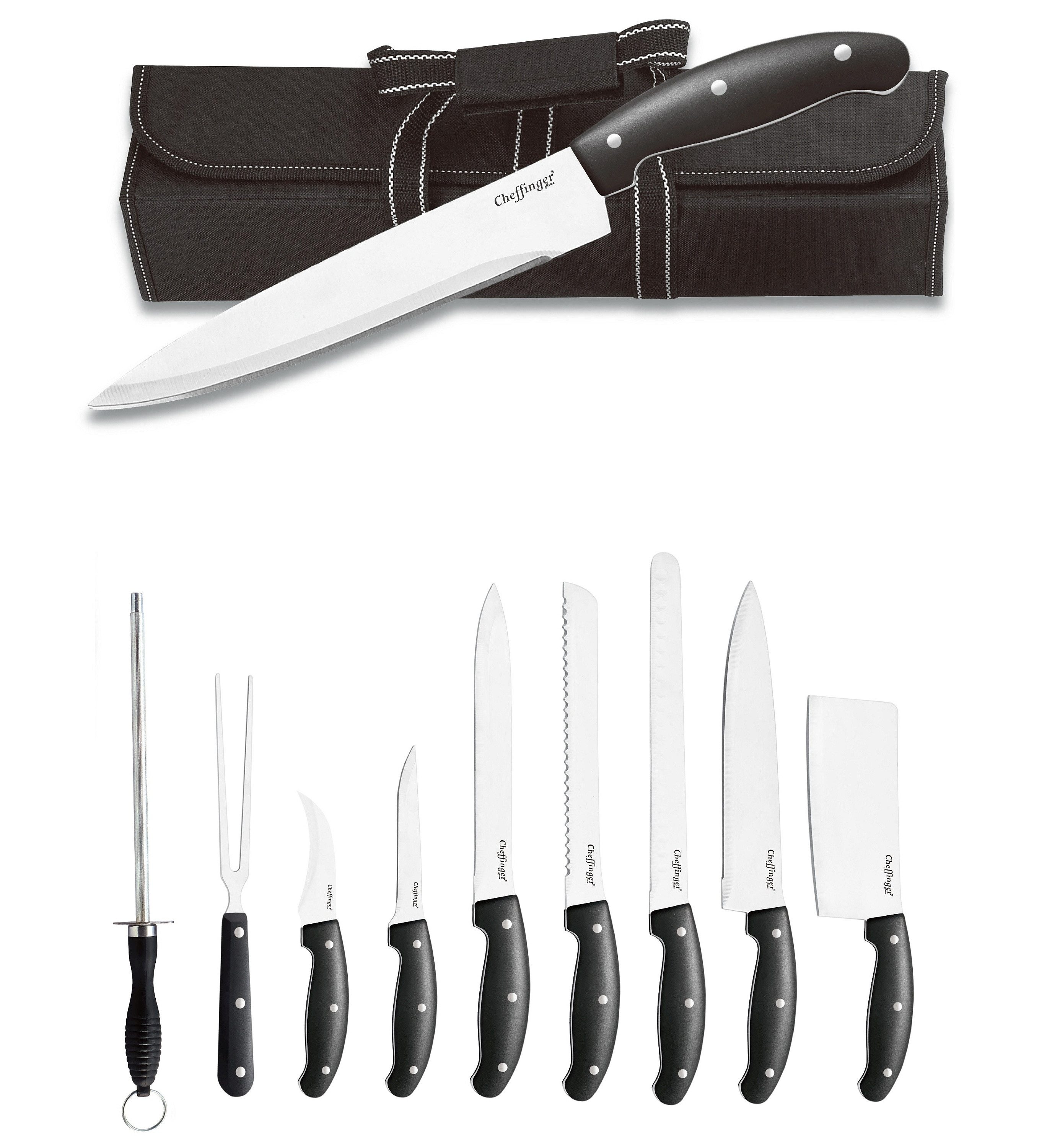 Rungassi Messer-Set Messer Kochmesser Messerset mit Messertasche BBQ Grill XXL 10-tlg.