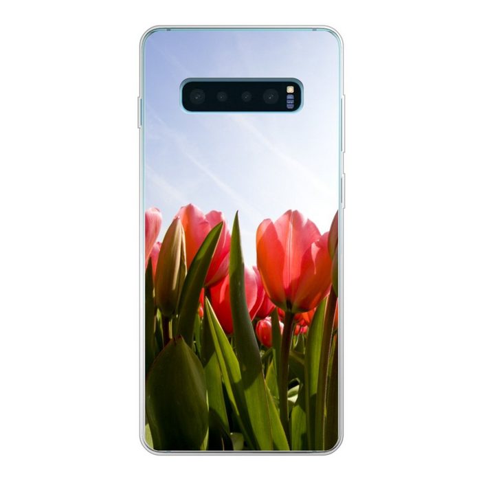 MuchoWow Handyhülle Rote Tulpen und das Sonnenlicht Phone Case Handyhülle Samsung Galaxy S10+ Silikon Schutzhülle