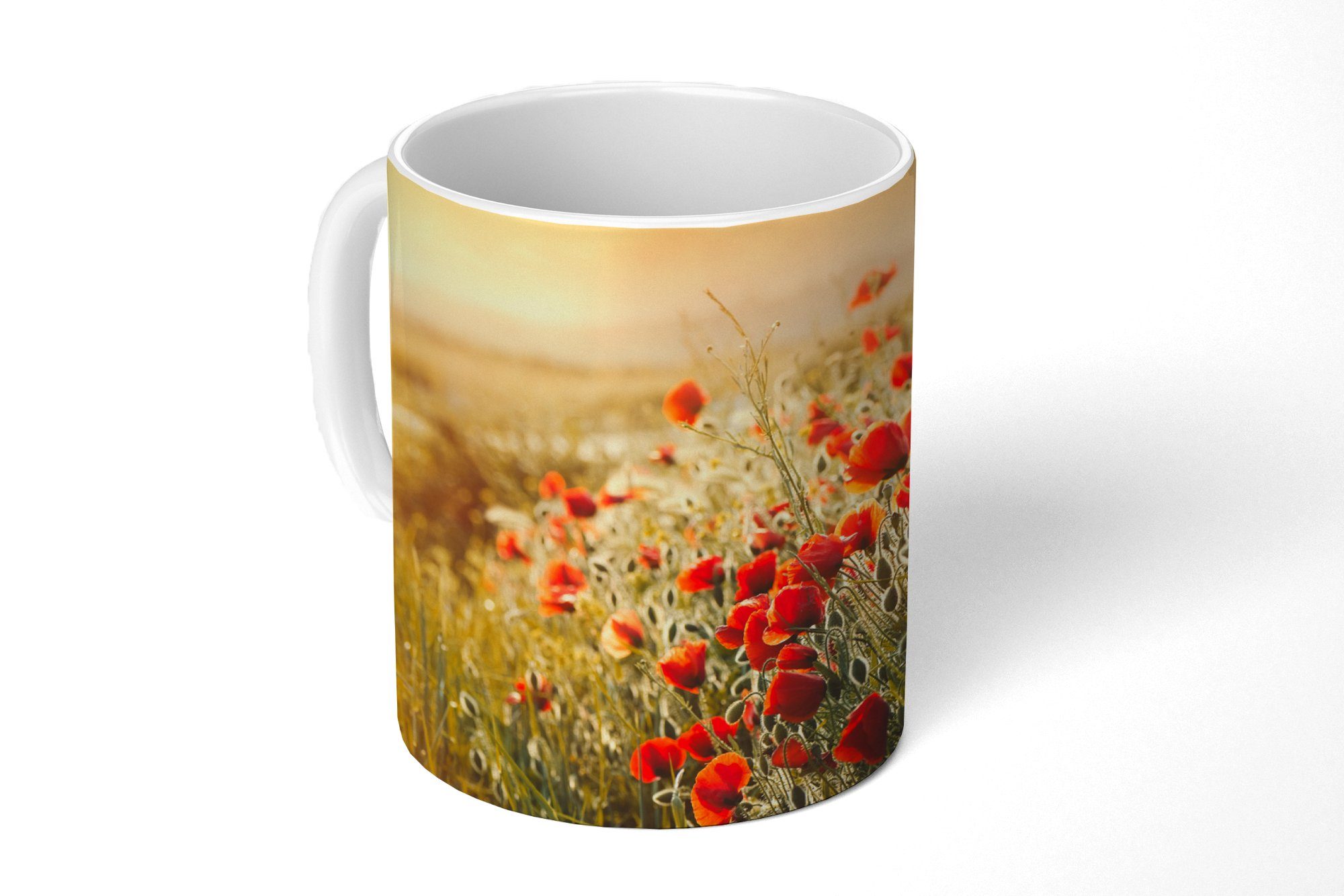 MuchoWow Tasse Sonnenstrahlen über einem Mohnblumenstrauß, Keramik, Kaffeetassen, Teetasse, Becher, Teetasse, Geschenk