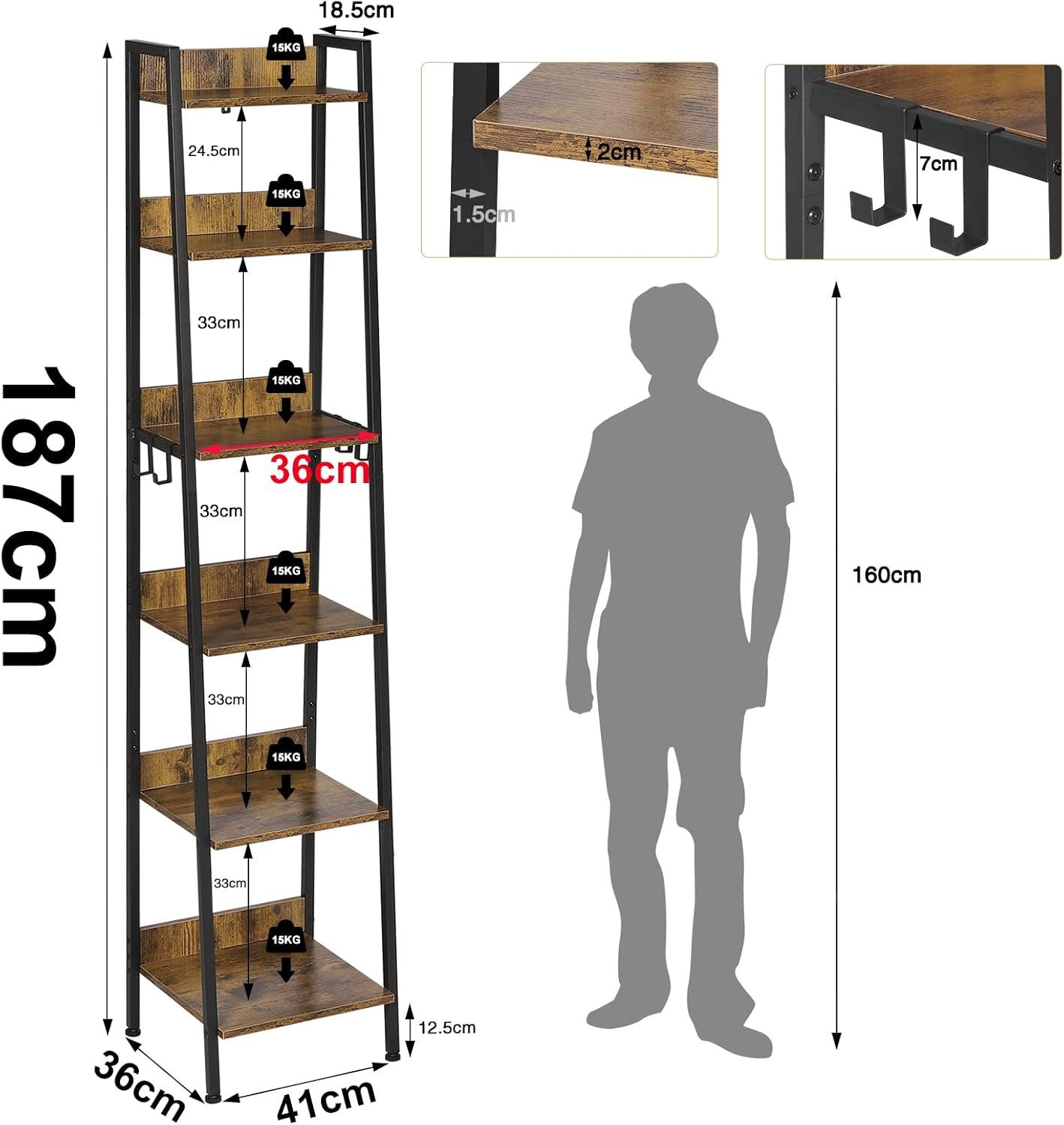 Woltu Standregal, 1-tlg., mit 6 Ebenen, mit 4 Haken, aus MDF Metall