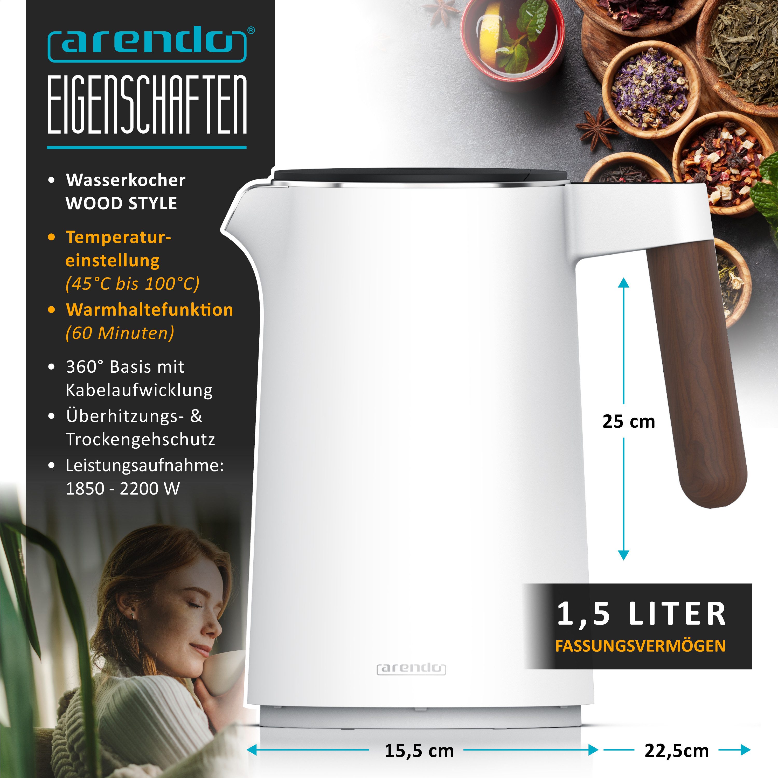 Arendo Wasserkocher Edelstahl, Doppelwand, Temperatureinstellung 40° - 100 °C mit Anzeige, 1,5 l, 2200 W, Warmhaltefunktion, 360° Basis, mit Griff in Holzoptik, BPA-frei