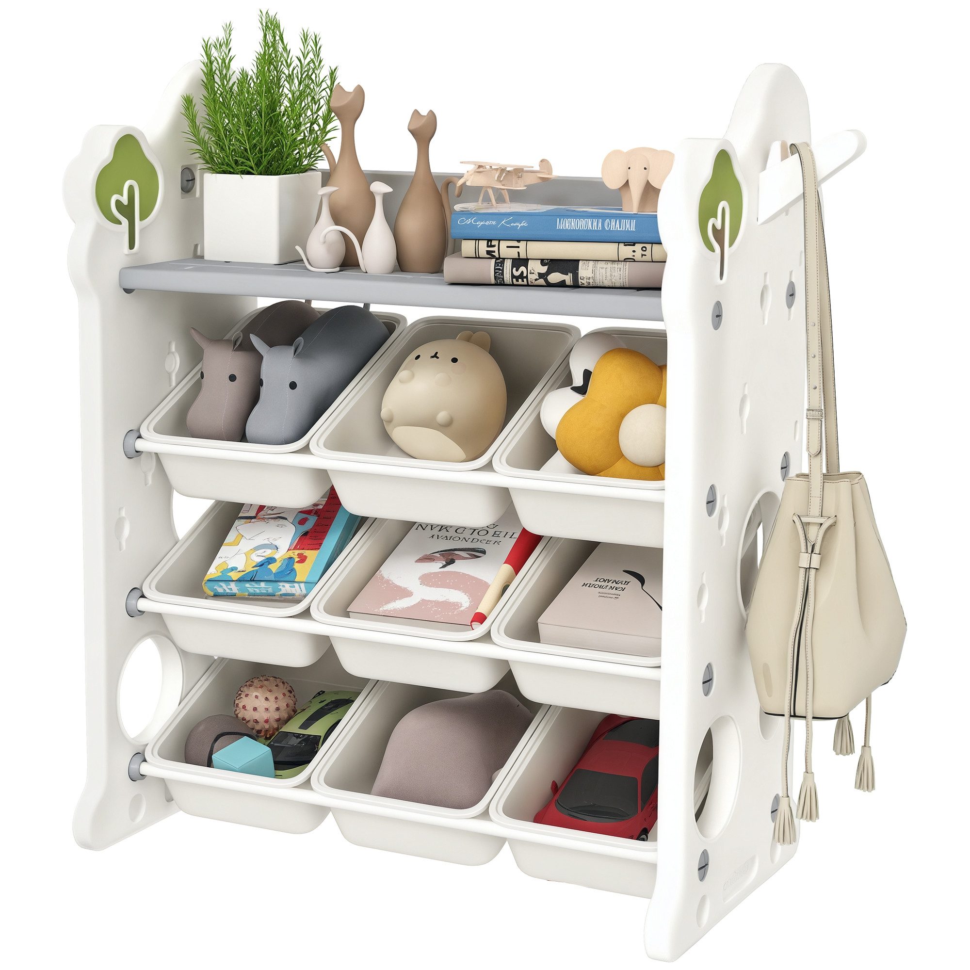 AIYAPLAY Standregal Kinderregal mit Aufbewahrungsboxen : 4, Set 1-tlg., 4 Ebenen, 9 Boxen, Seitenhaken