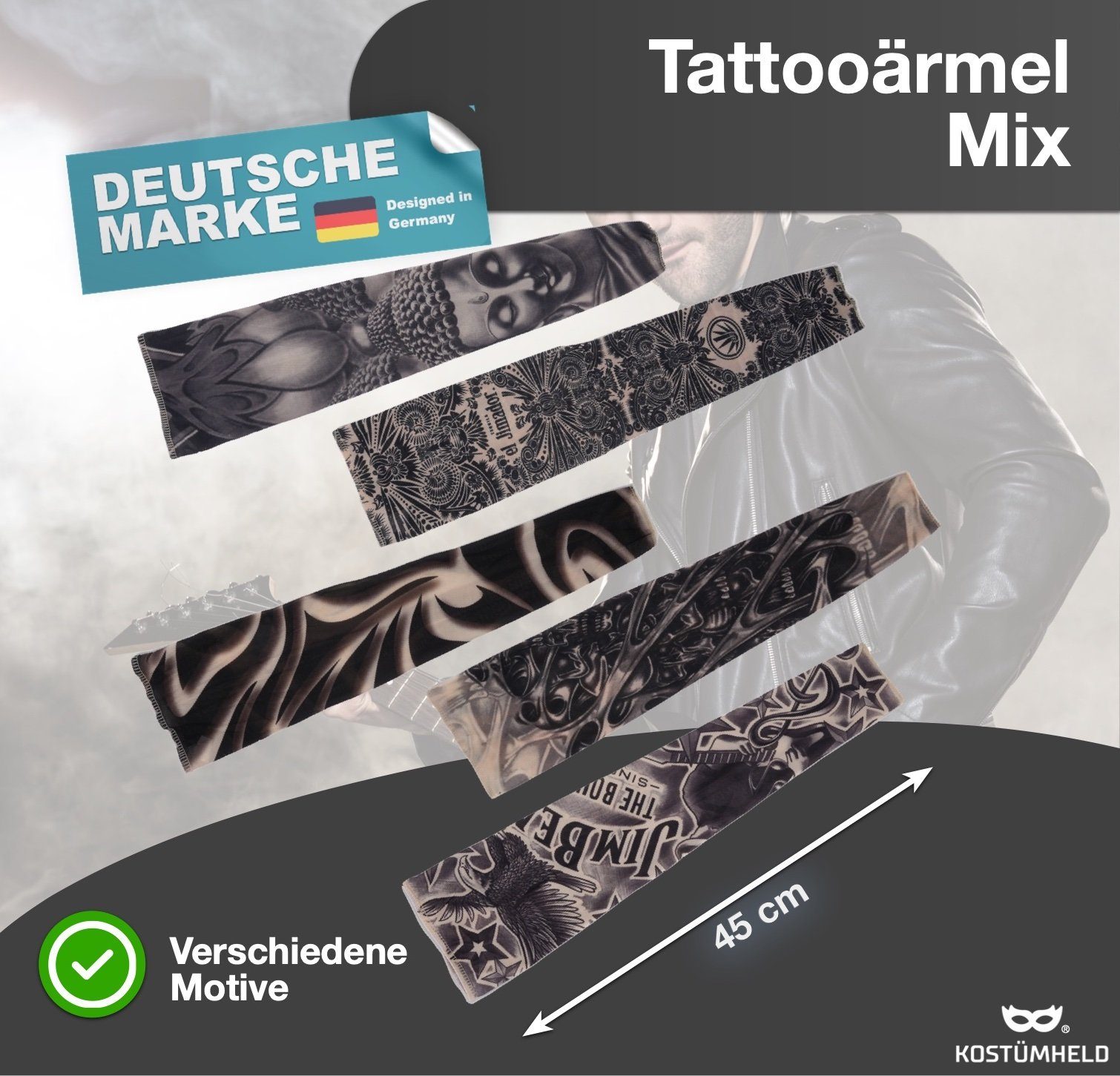 Kostümheld® Kostüm 5x Tattoo Ärmel Nylon Tattoo Sleeve Armstrumpf - Fasching / Halloween, Schnell überzuziehen