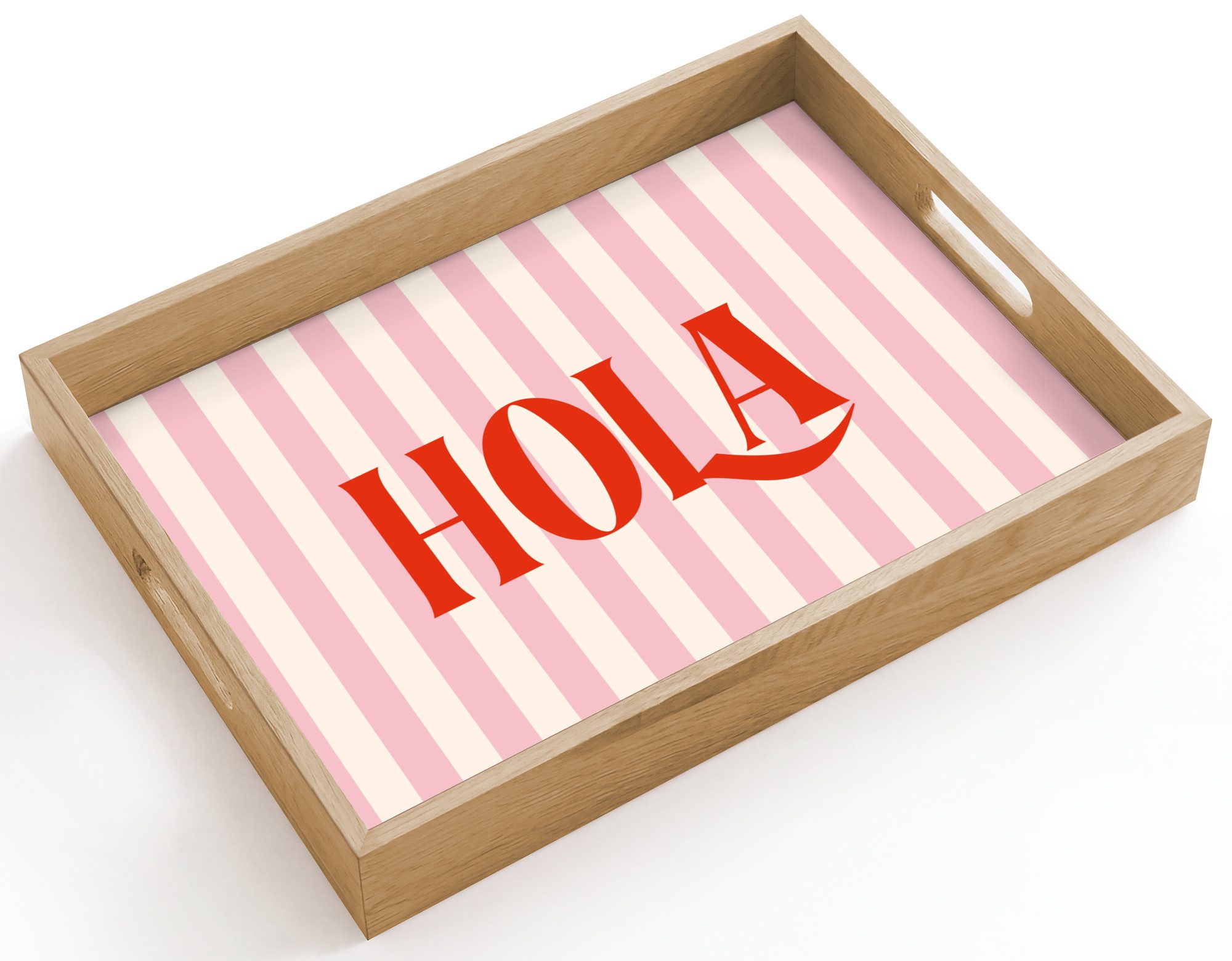 OnlyWow Tablett Rechteckig mit Henkel Hola - Zitat - Streifen - Pastell - Rosa - Rot -, Eichenholz, (1-tlg), Siervierplatte, Tray, Frühstücksbrett