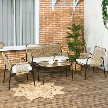 Outsunny Sitzgruppe mit 1 Zwisitzer, 2 Sesseln, 1 Couchtisch mit Tischplatte aus Glas, (Sitzgarnitur, 4-tlg., Gartengarnitur), mit Sitzkissen, für Garten, Terrasse, Gelb