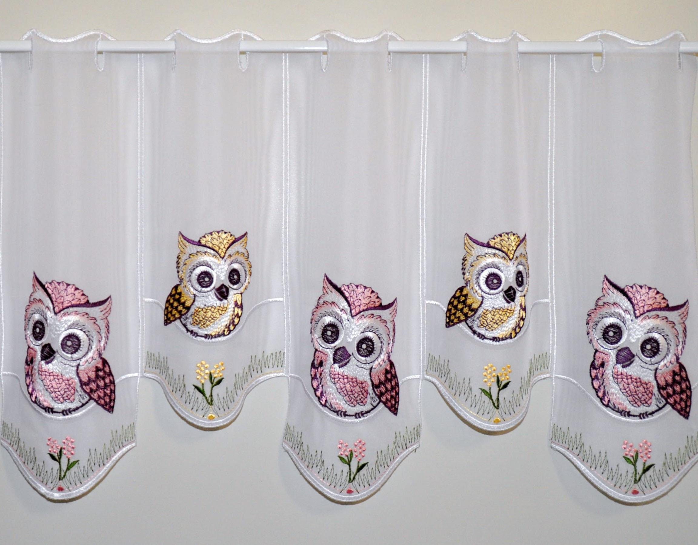 Stickereien Plauen Gardine Eulen in Rosa-braun (1 St), Stangendurchzug, transparent, Voile