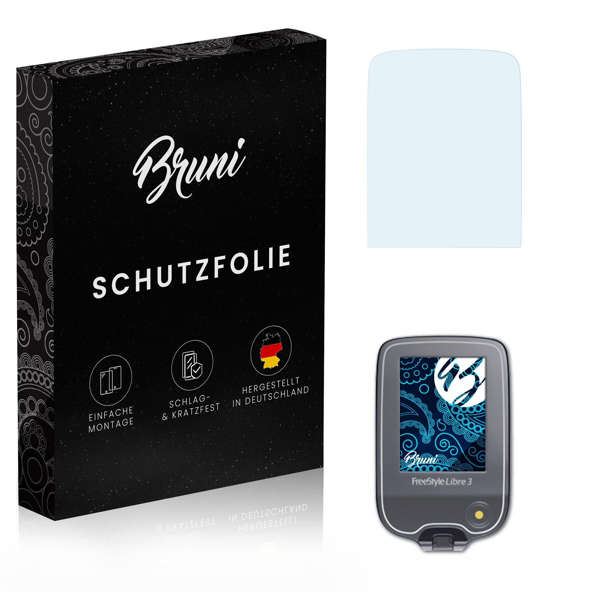 Bruni Schutzfolie Glasklare Displayschutzfolie für FreeStyle Libre 3, (2 Folien), praktisch unsichtbar