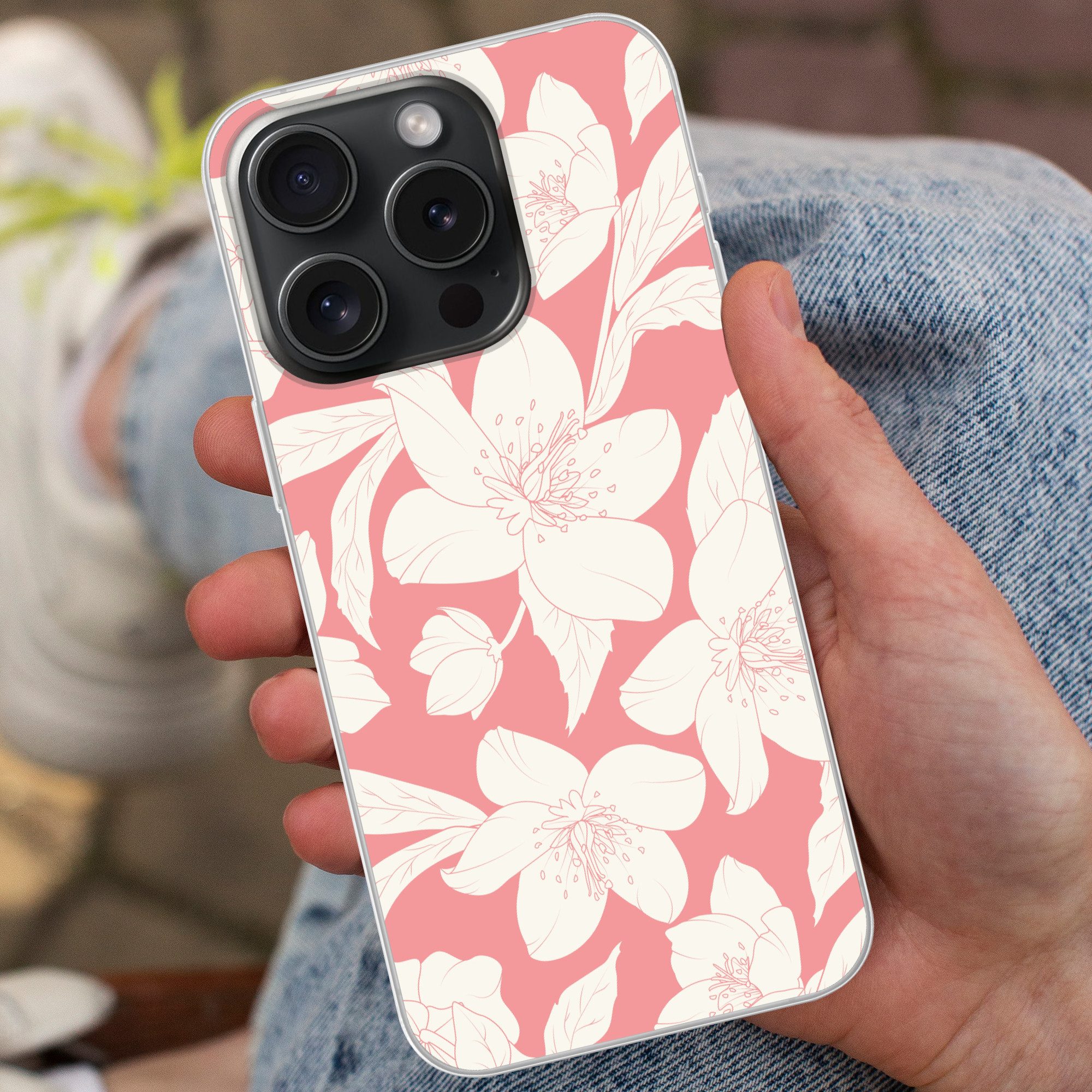 MuchoWow Handyhülle für Apple iPhone 15 Pro Blumen - Muster - Rosa - Weiß, Smartphone-Bumper, Print, Handy Schutzhülle Dünn