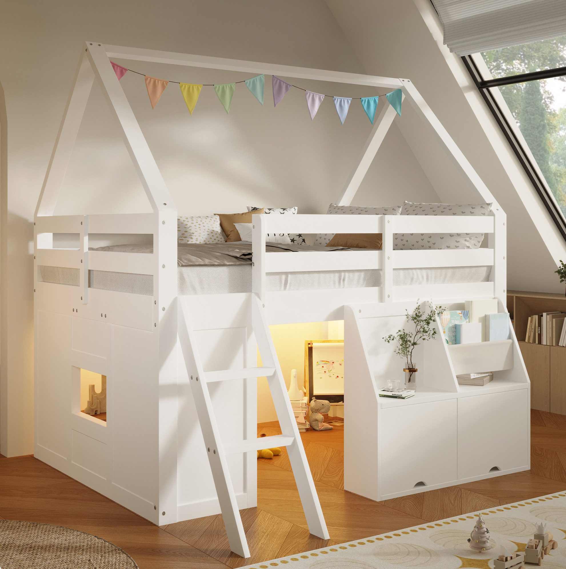 MODFU Hochbett Bettgestell mit Treppe LED Licht und Aufbewahrungslösungen (Packung, 1-St., 140×200 cm Kinderbett Hausform Weiß mit Stauraumboxen,ohne Matratze) Hausbett mit Klappboxen und Stofftaschen für Kinderzimmer