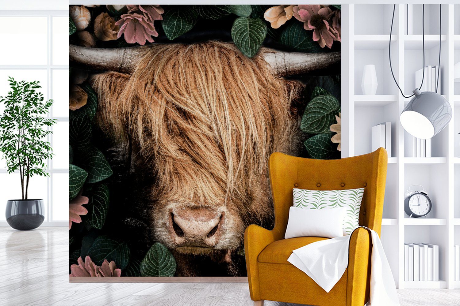 MuchoWow Fototapete Schottischer Highlander - Wohnzimmer - Schlafzimmer für bedruckt, Vliestapete Kuh, Matt, Küche, St), (4 Fototapete Blumen