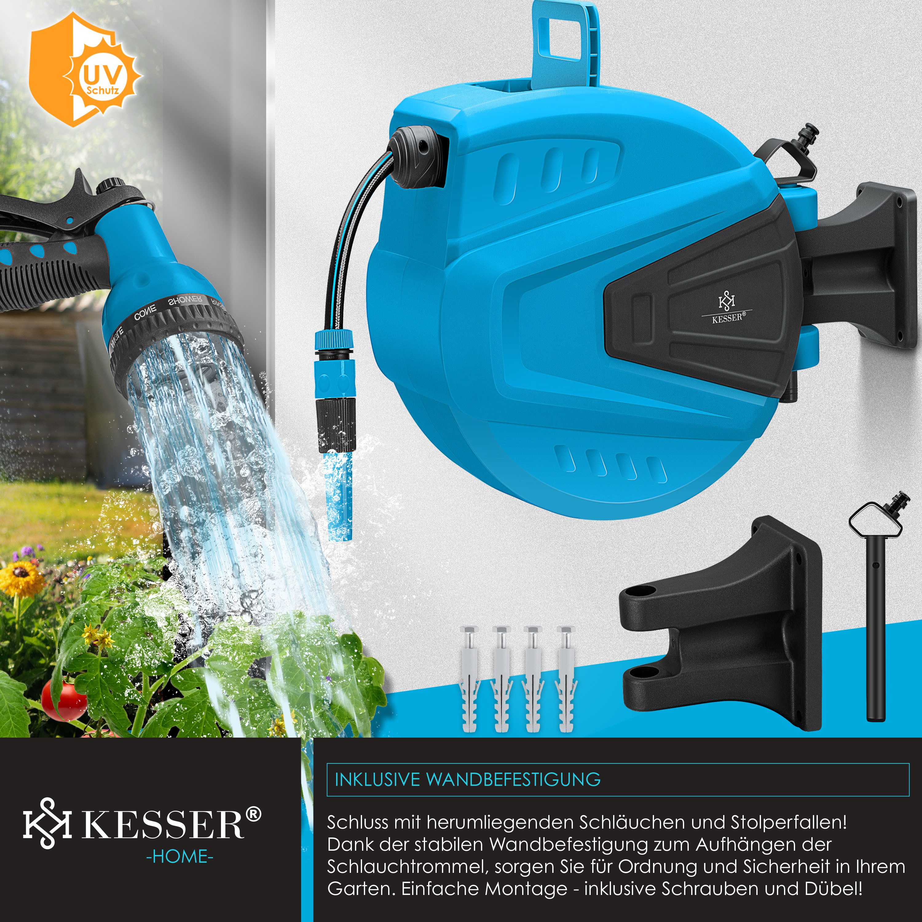 KESSER Gartenschlauch, Schlauchtrommel Wasser Schlauchaufroller + 2-Wege-Verteiler