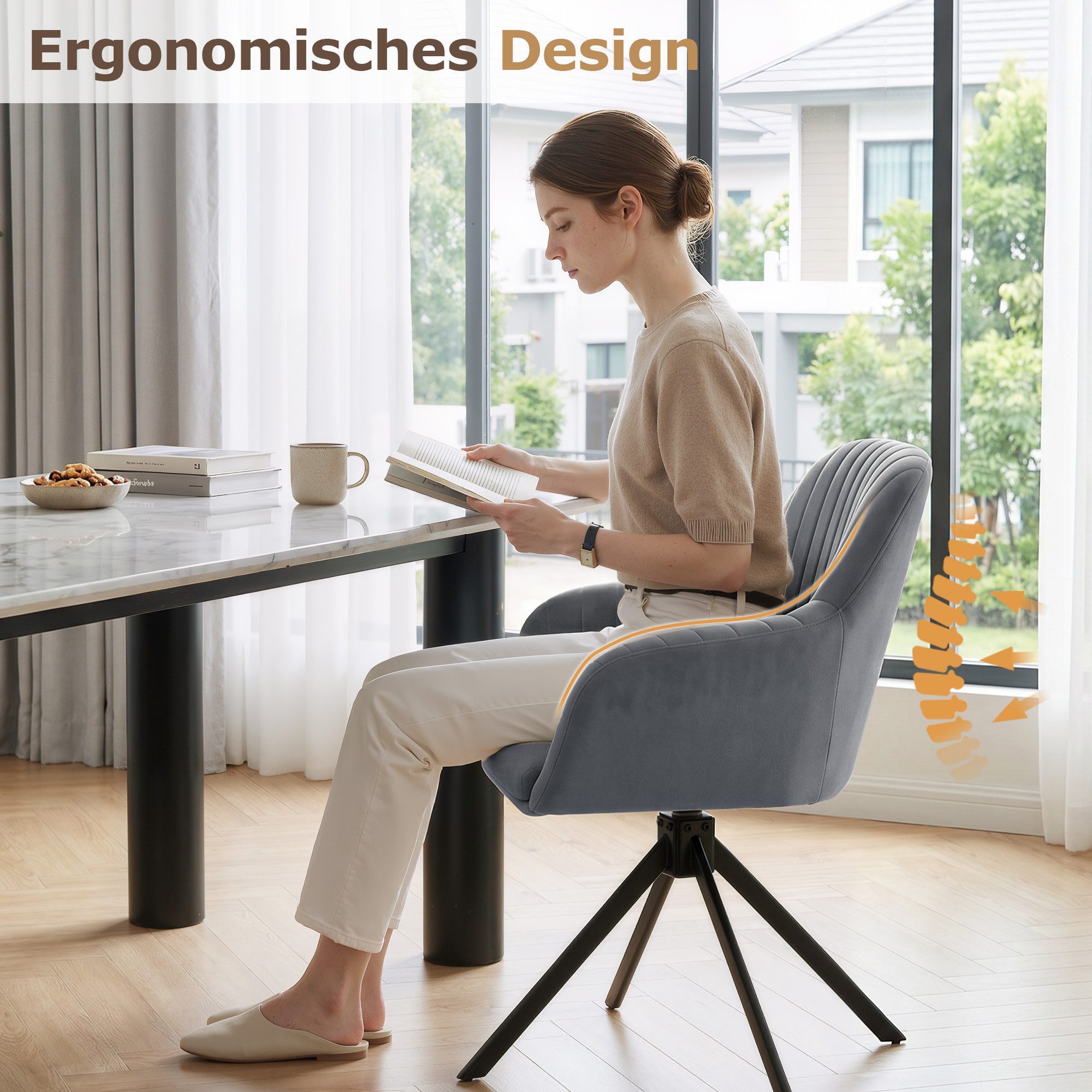 HawthyHome Esszimmerstuhl 2er Set mit Armlehne & Metallbeinen, Samt Polsterstuhl, 360° Drehbar (1 St), 360° Drehbar, Höheneinstellbar – Bild 4 von 5
