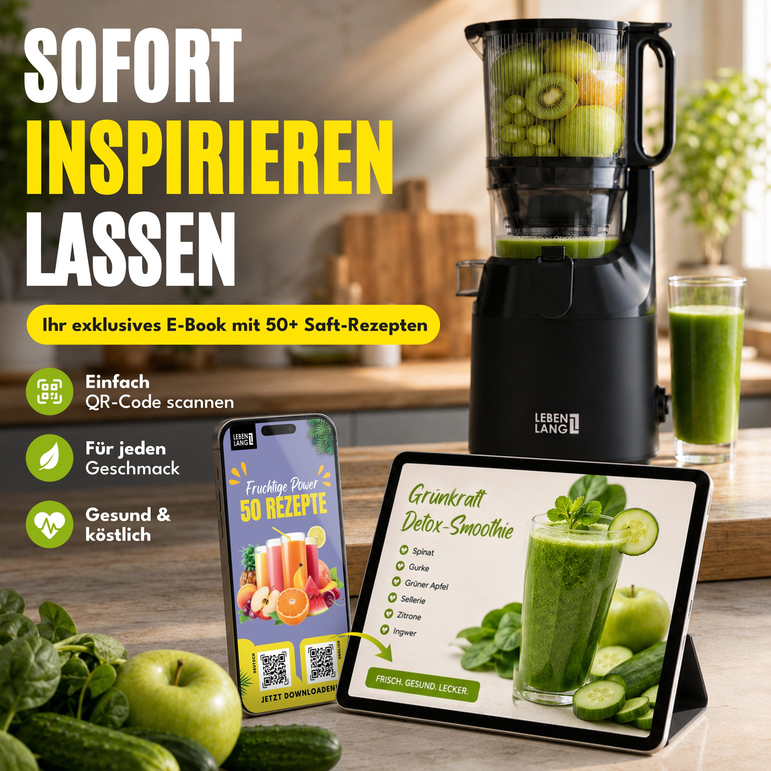 Lebenlang Slow Juicer Entsafter mit großer Öffnung, Für ganze Früchte und Gemüse, Rezepte, 250 W, BPA-Frei, Hohe Saftausbeute, Erhalt der Nährstoffe