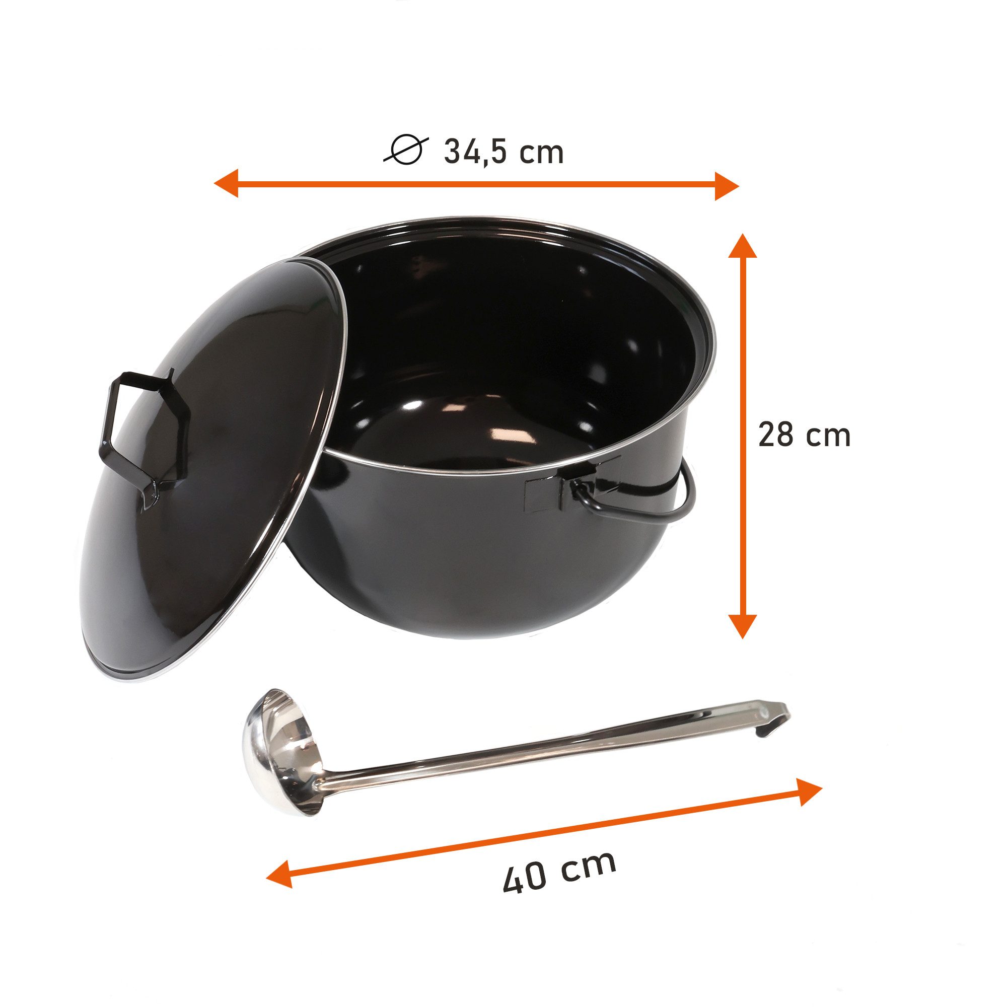Lemodo Grilltopf Gulaschkessel für Schwenkgrill, 14 Liter, Emaille (3-tlg), mit Schöpflöffel