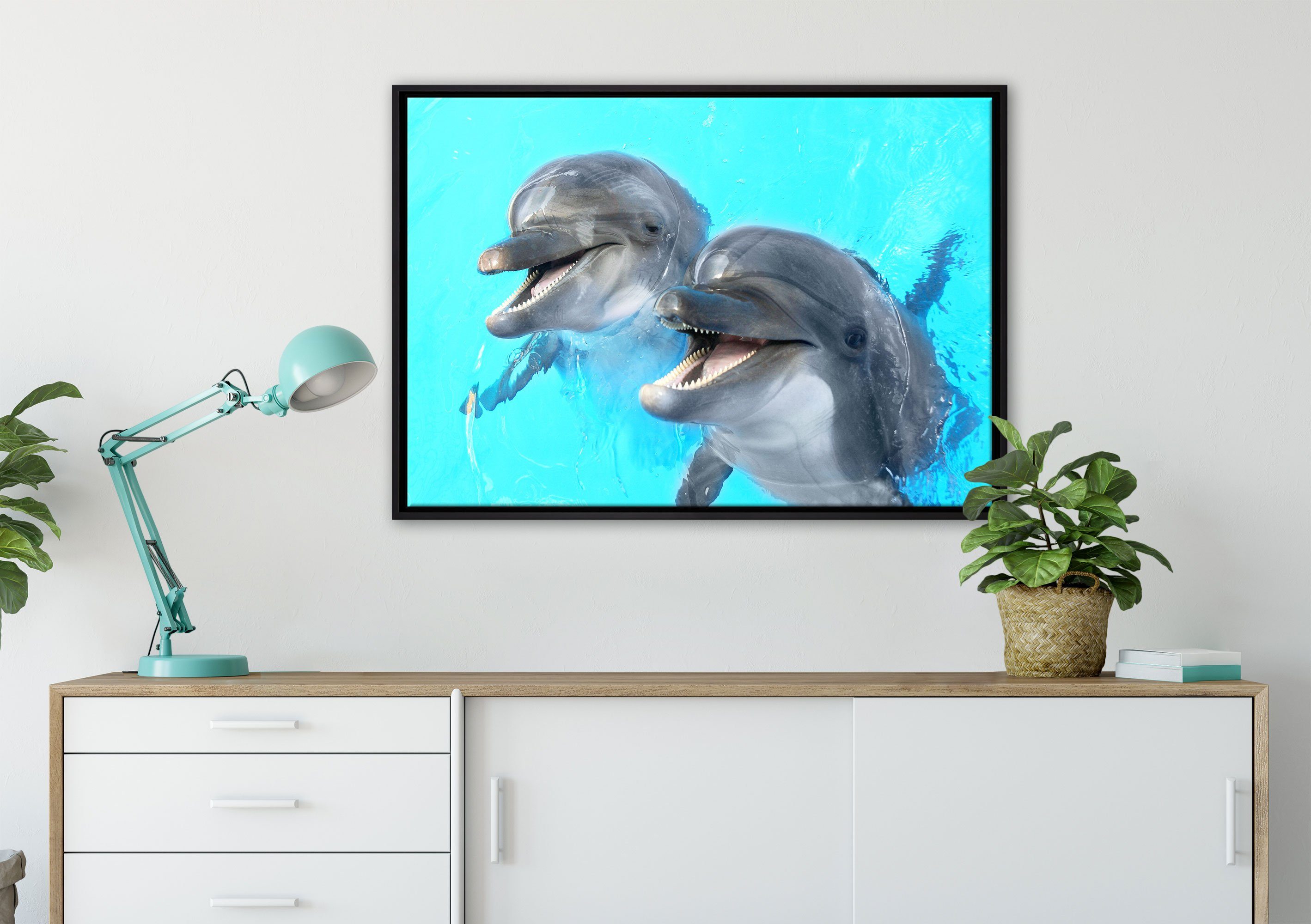 Pixxprint (1 St), Delfinpaar, einem Leinwandbild Zackenaufhänger inkl. in fertig bespannt, Schattenfugen-Bilderrahmen Wanddekoration Leinwandbild gefasst,