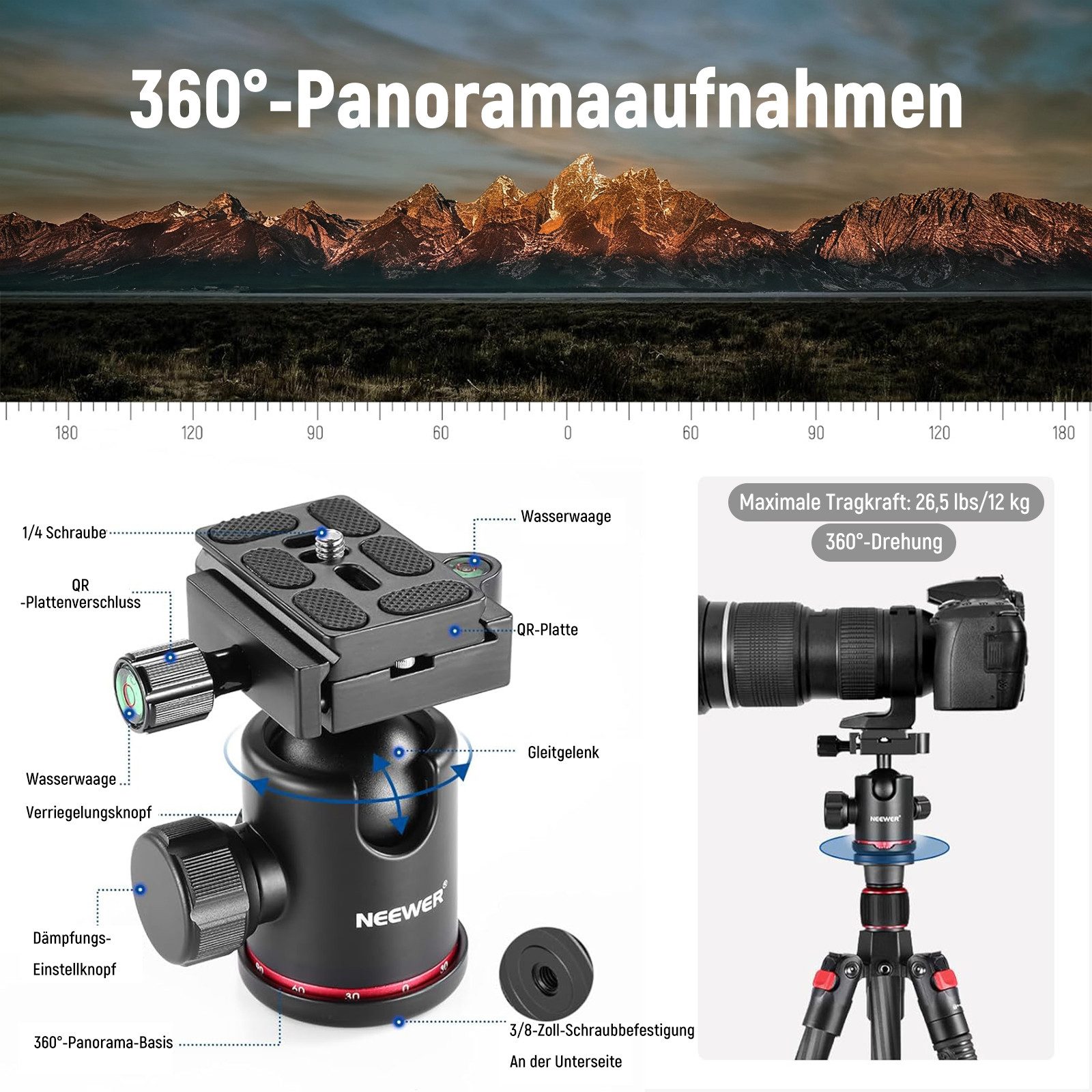 Neewer N55C Carbon Einbeinstativ 172cm mit Kugelkopf, max. 12kg Kamerastativ (höhenverstellbar von 57.5 bis 172 cm) – Bild 4 von 5