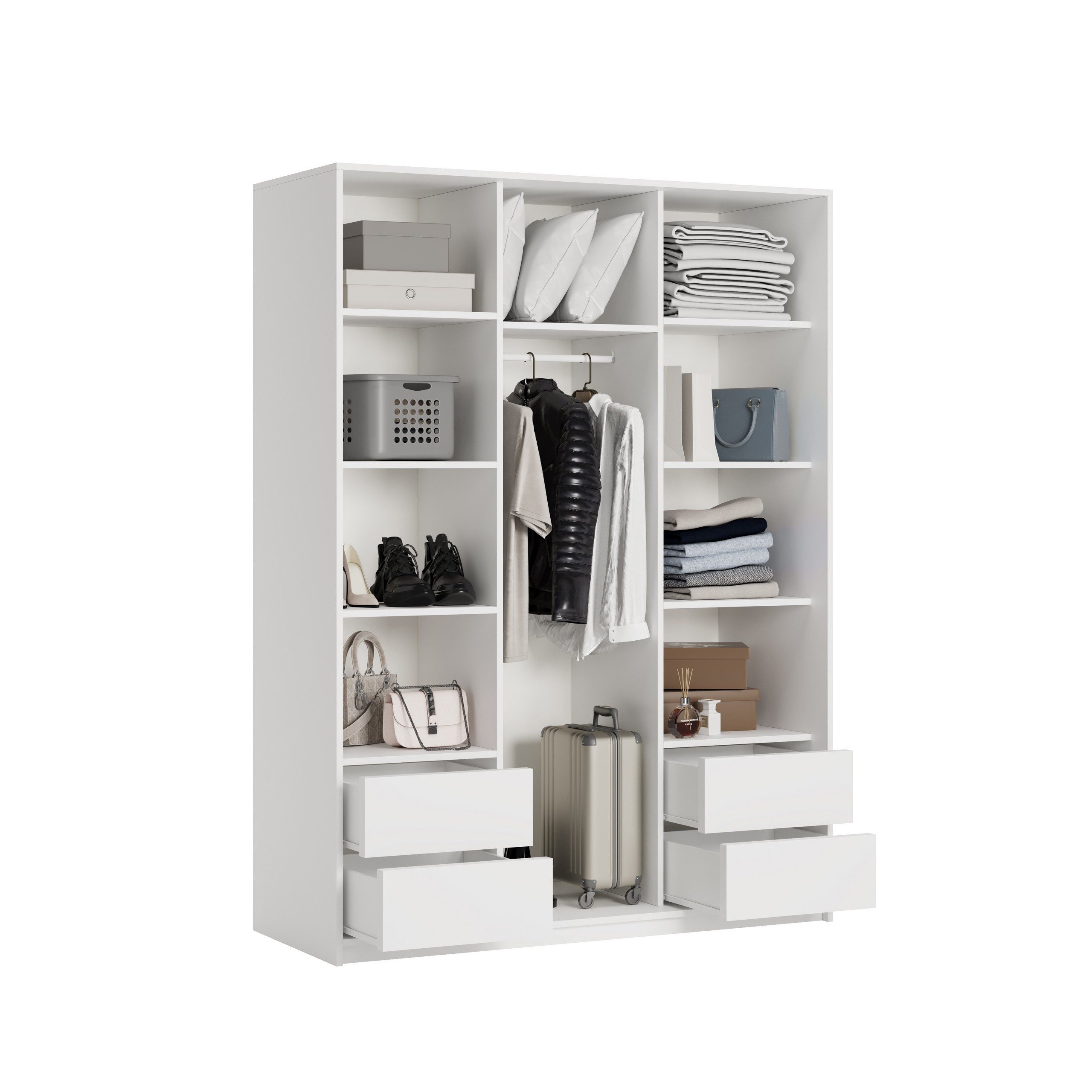 Masseno Schwebetürenschrank TAVI 150 cm Kleiderschrank mit Spiegel 3 Türen und 4 Schubladen Weiß