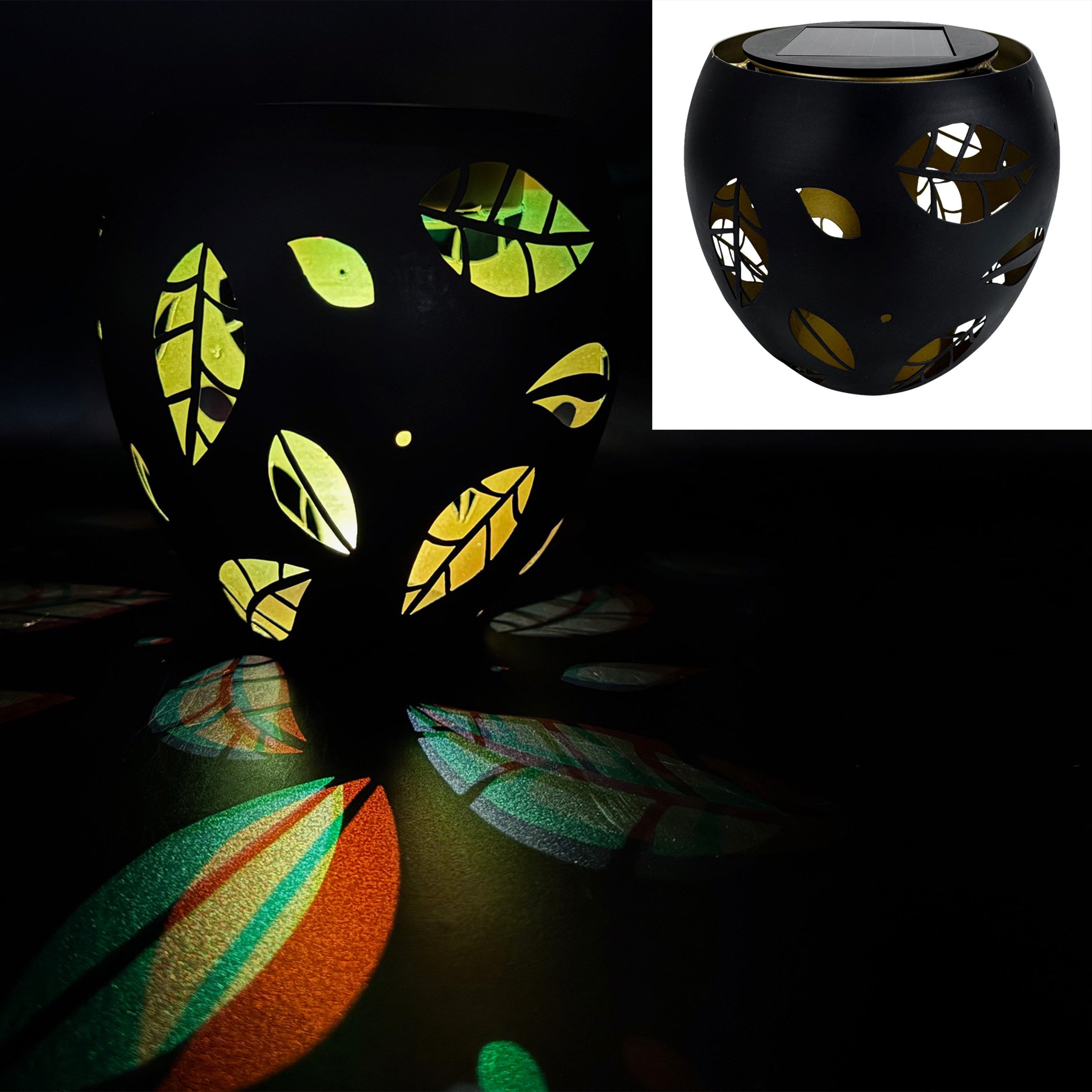 Online-Fuchs LED Solarleuchte Tischlampe mit dekorativem Blätter-Design - Solar Gartendeko für außen, 15 cm groß, warmweiß oder seichter Farbwechsel, Blätter-Muster für stimmungsvolle Lichtakzente