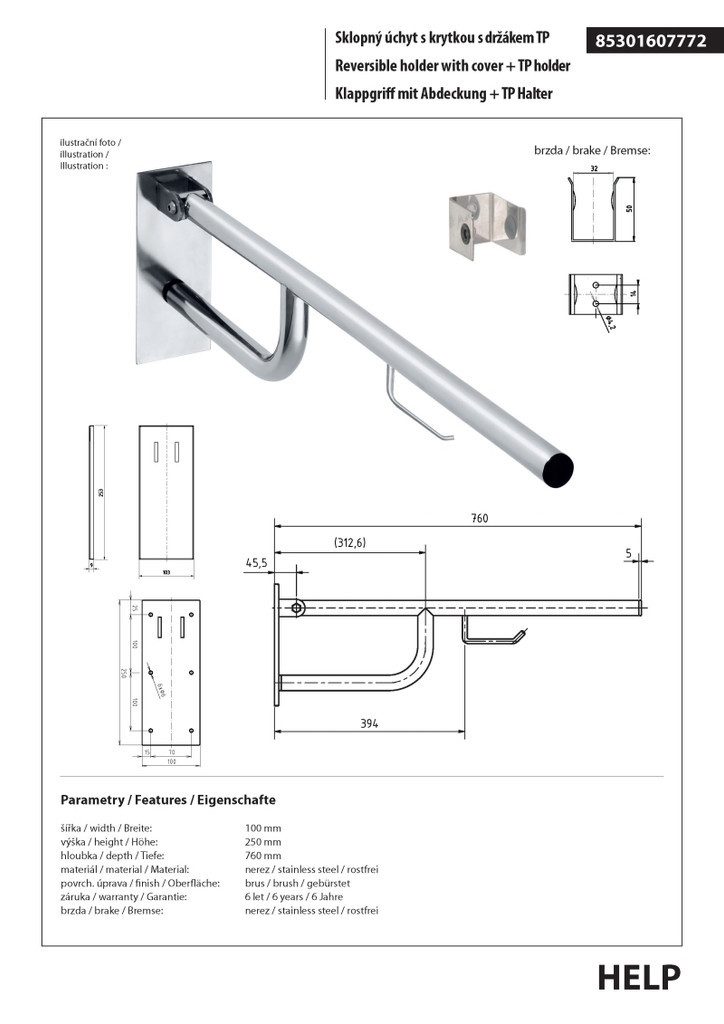 BRILLANTBAD® Stützklappgriff BELP Stützklappgriff Papierhalter Edelstahl gebürstet Bad WC >> Bohren