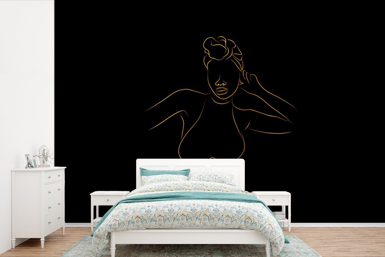 Wohnzimmer, Strichzeichnung, bedruckt, Vinyl Gold Wallpaper - für Frau (6 - MuchoWow Schlafzimmer, Tapete St), Matt, Fototapete - Schwarz Kinderzimmer,