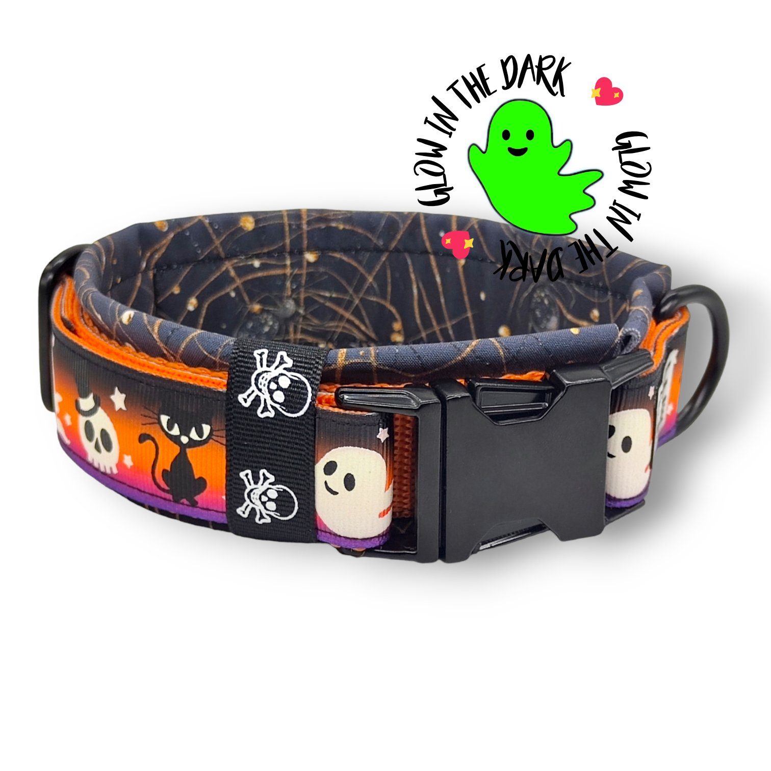 D by E Couture Hunde-Halsband "Too Cute To Spook II", gepolstert, verstellbar, leuchtet im Dunkeln, 40mm breit, Handmade