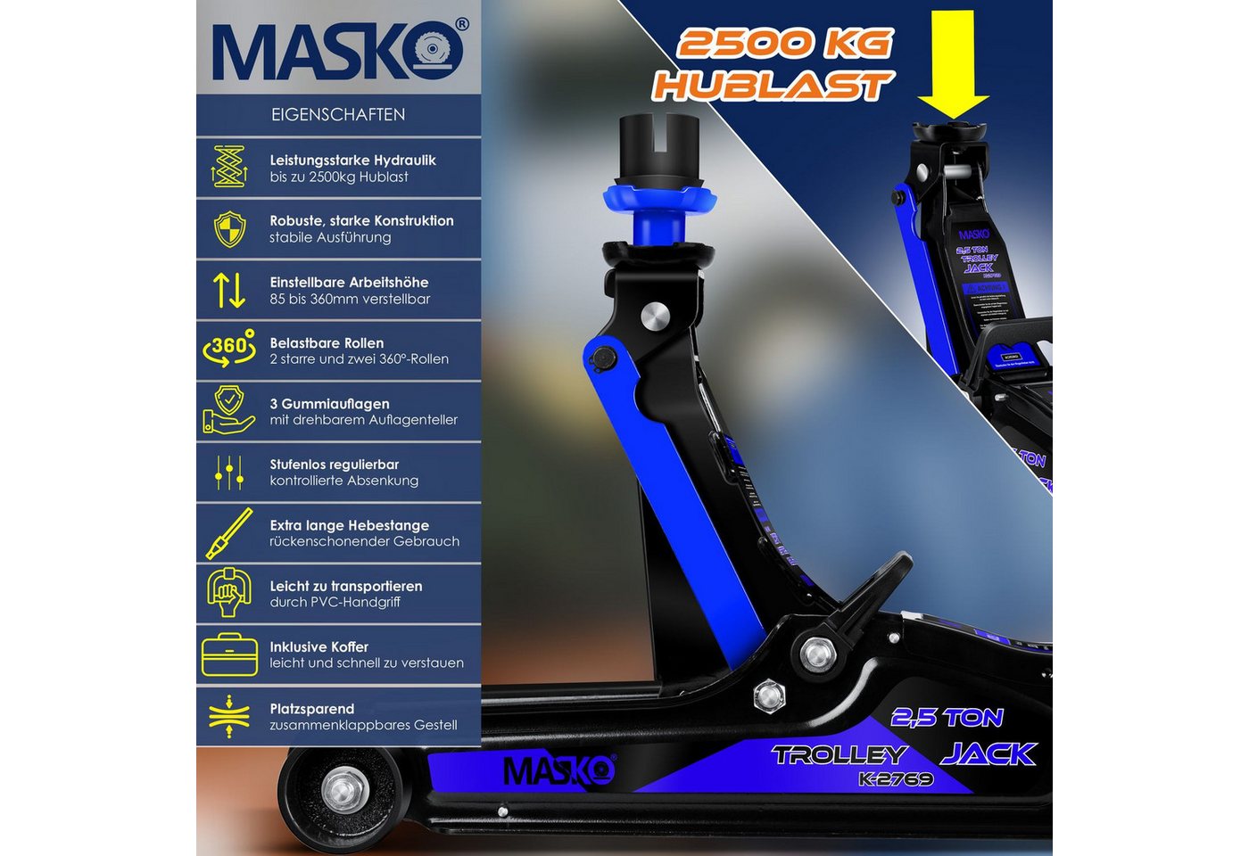 Thumbnail - MASKO Hydraulikheber, Wagenheber hydraulisch Flache Hubhöhe 2x Gummiauflage