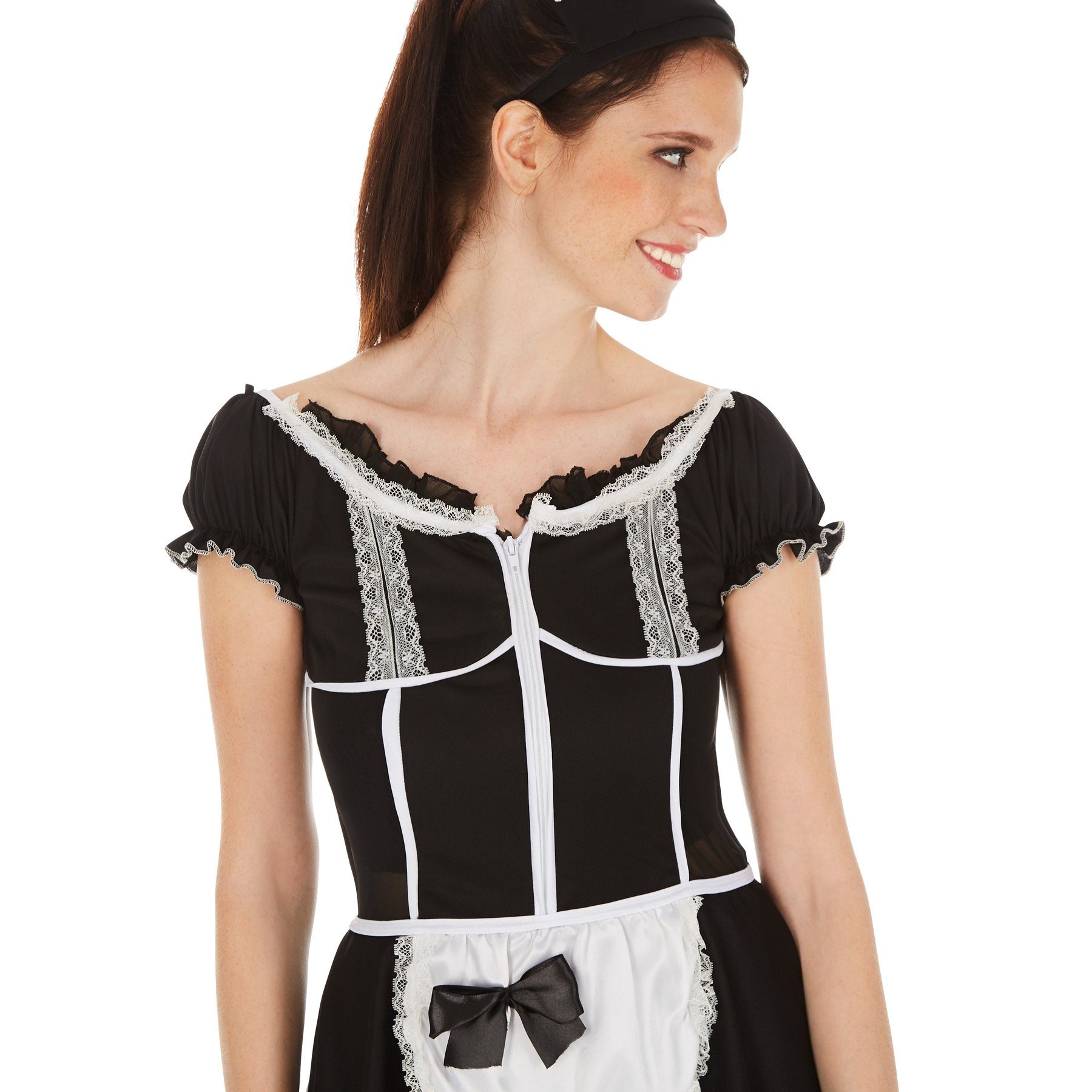 dressforfun Kostüm Dienstmädchen/Hausangestellte, in schwarz/weiß, Gr. M, Strümpfe, aufreizendes Kleid, Zaubert ein Dekolleté, Schöner Haarreifen