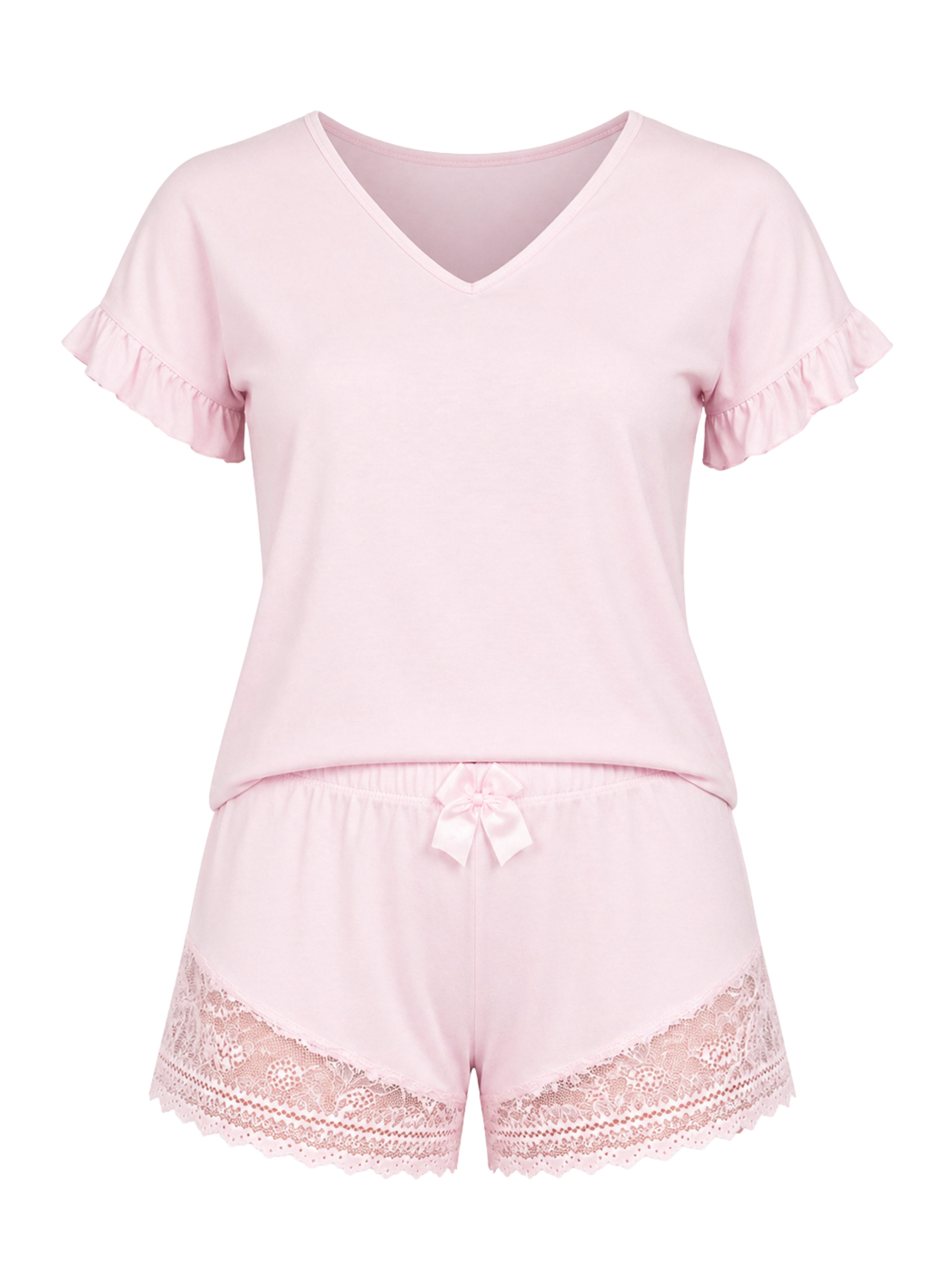 Donna Shorty Premium Pyjama-Set (2 tlg) Shirt in Rosé mit V-Ausschnitt & Spitzen-Shorts, edle Viskose-Qualität