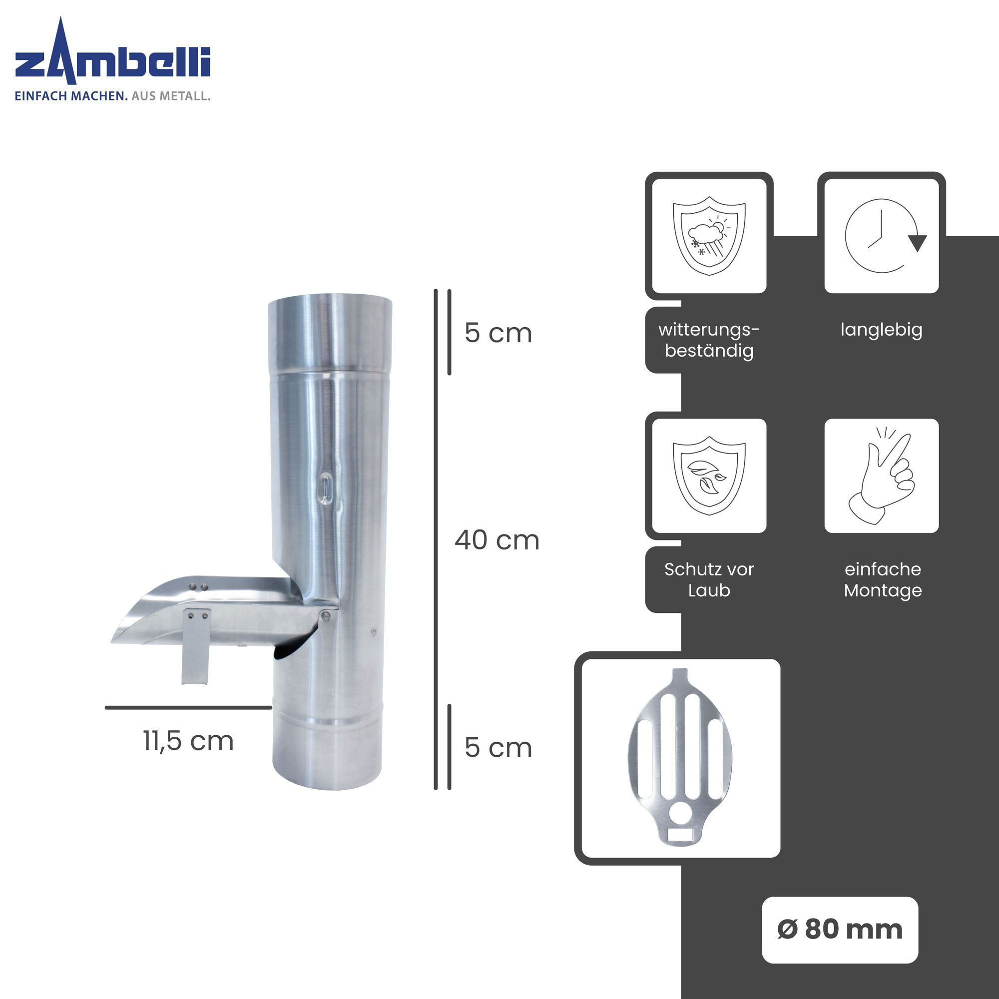 Zambelli Regenfallrohr, (Regenrohrklappe, Regenwasserklappe mit Sieb 80mm Silber), Regenwasser Fallrohr Klappe, Laubschutz durch Sieb, Titanzink