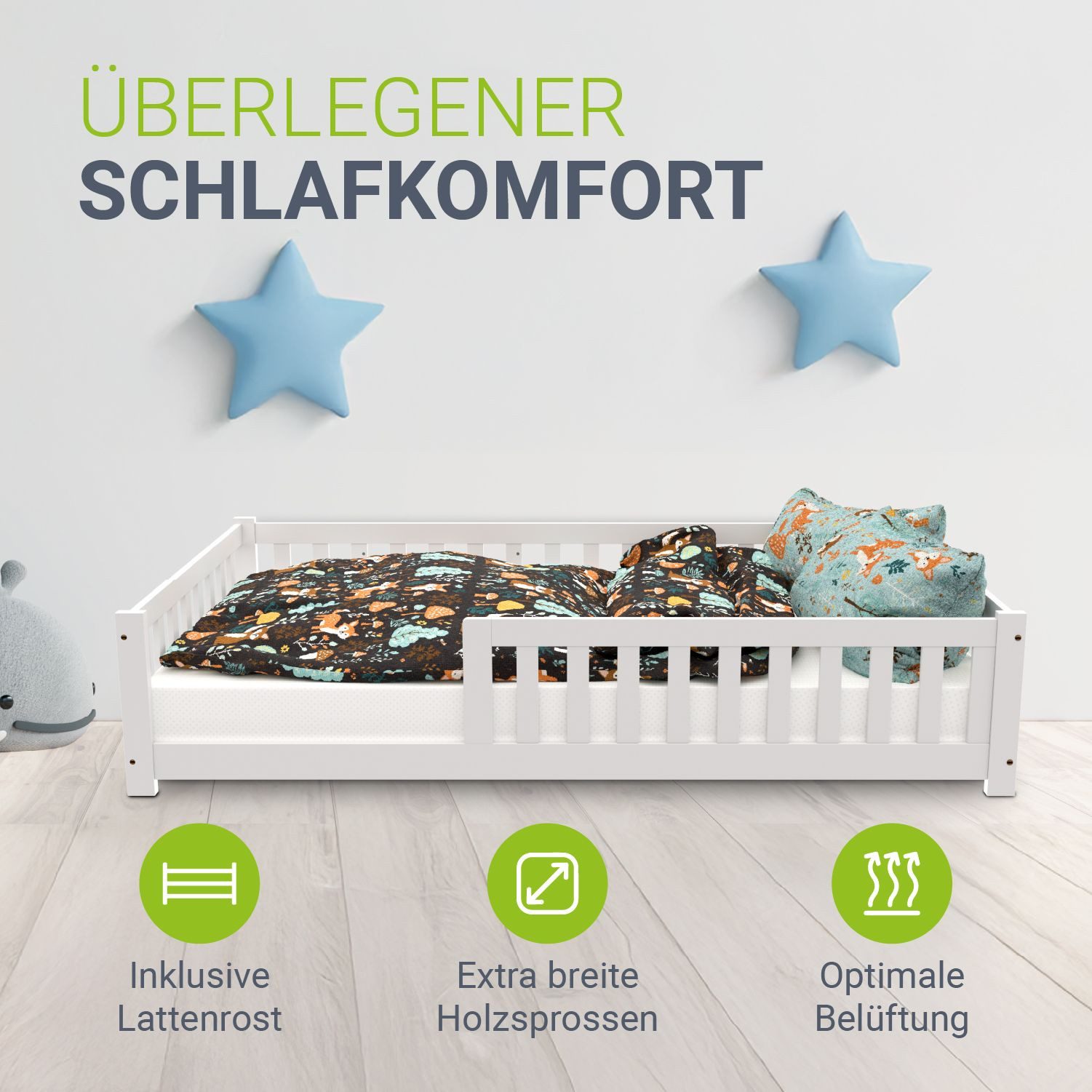 Juskys Kinderbett Naya, 120x200 cm Bodenbett, Holz, mit Matratze, Rausfallschutz & Lattenrost