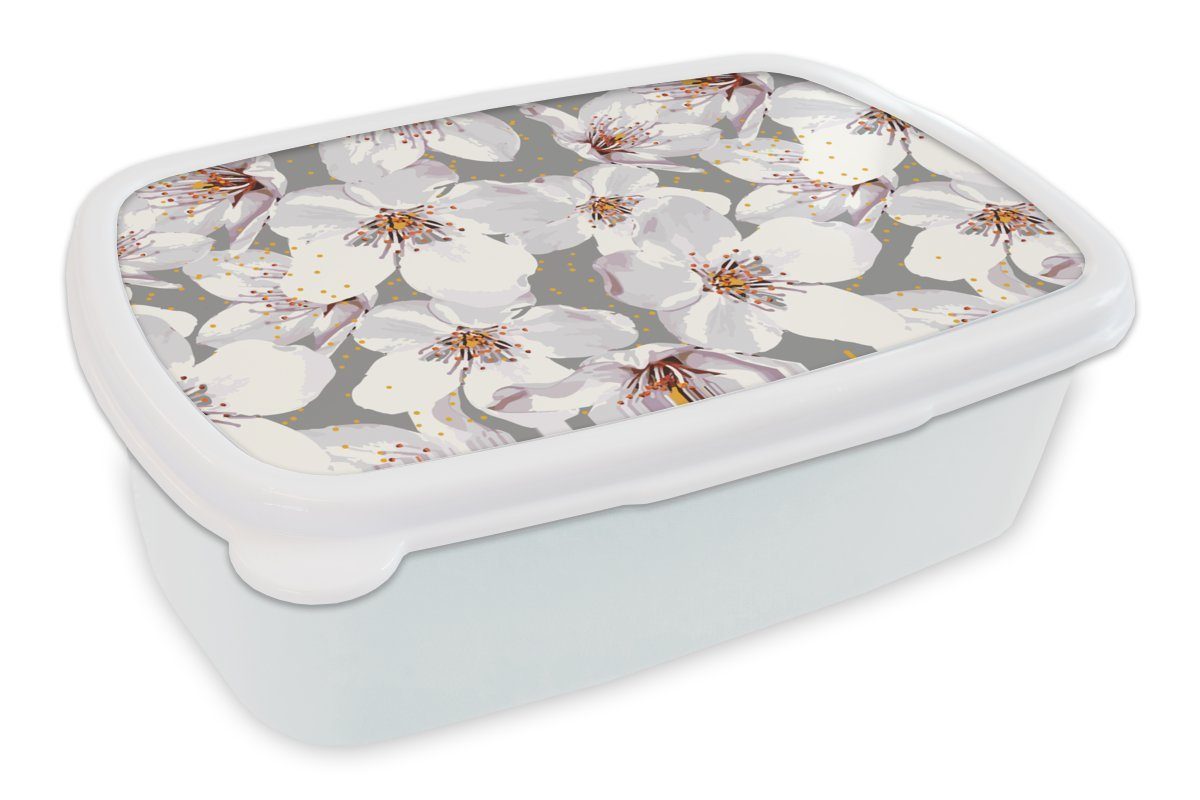 MuchoWow Lunchbox Blumen - Sakura - Muster, Kunststoff, (2-tlg), Brotbox für Kinder und Erwachsene, Brotdose, für Jungs und Mädchen weiß