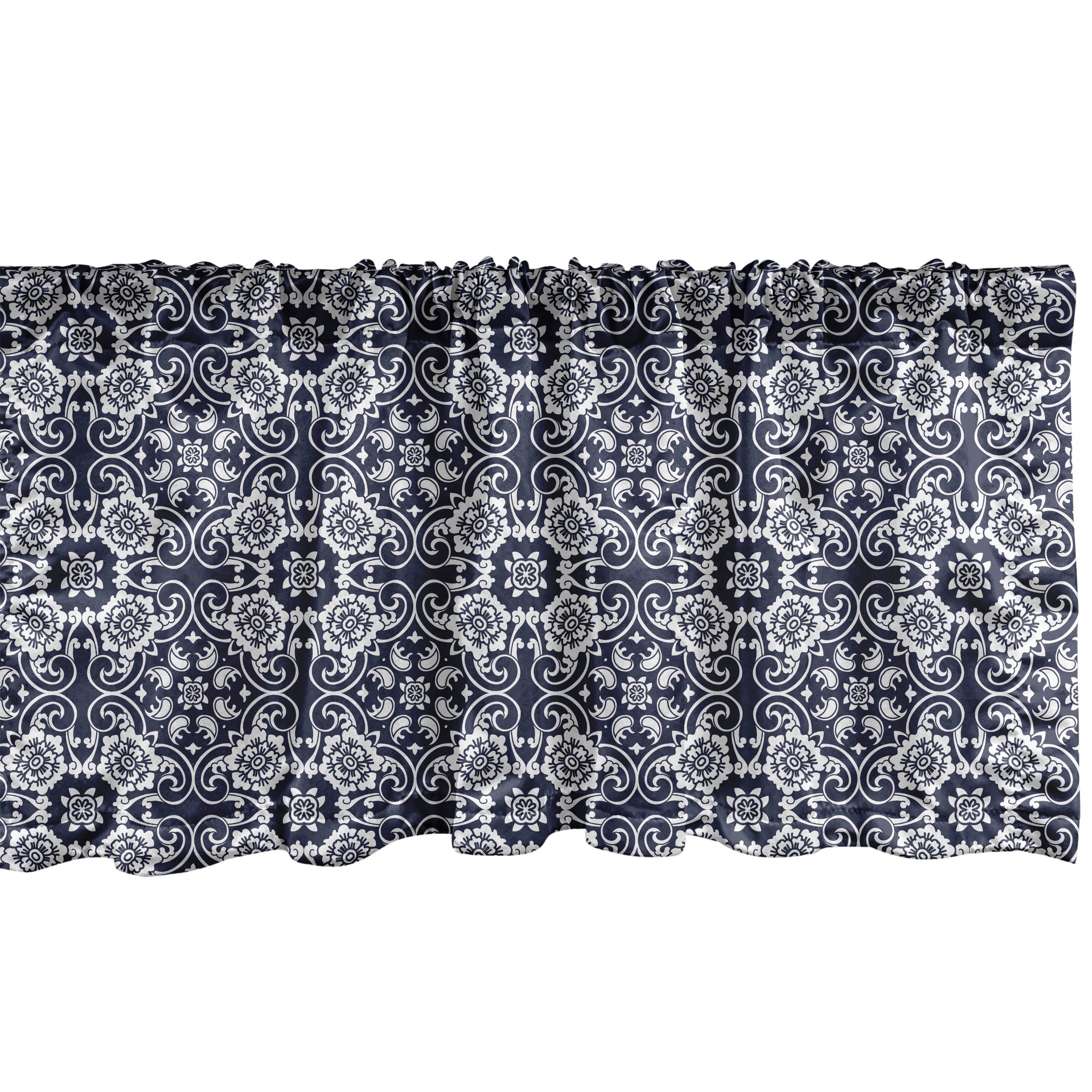 Scheibengardine Vorhang Volant für Küche Schlafzimmer Dekor mit Stangentasche, Abakuhaus, Microfaser, Navy blau Japanische Kurven Flora
