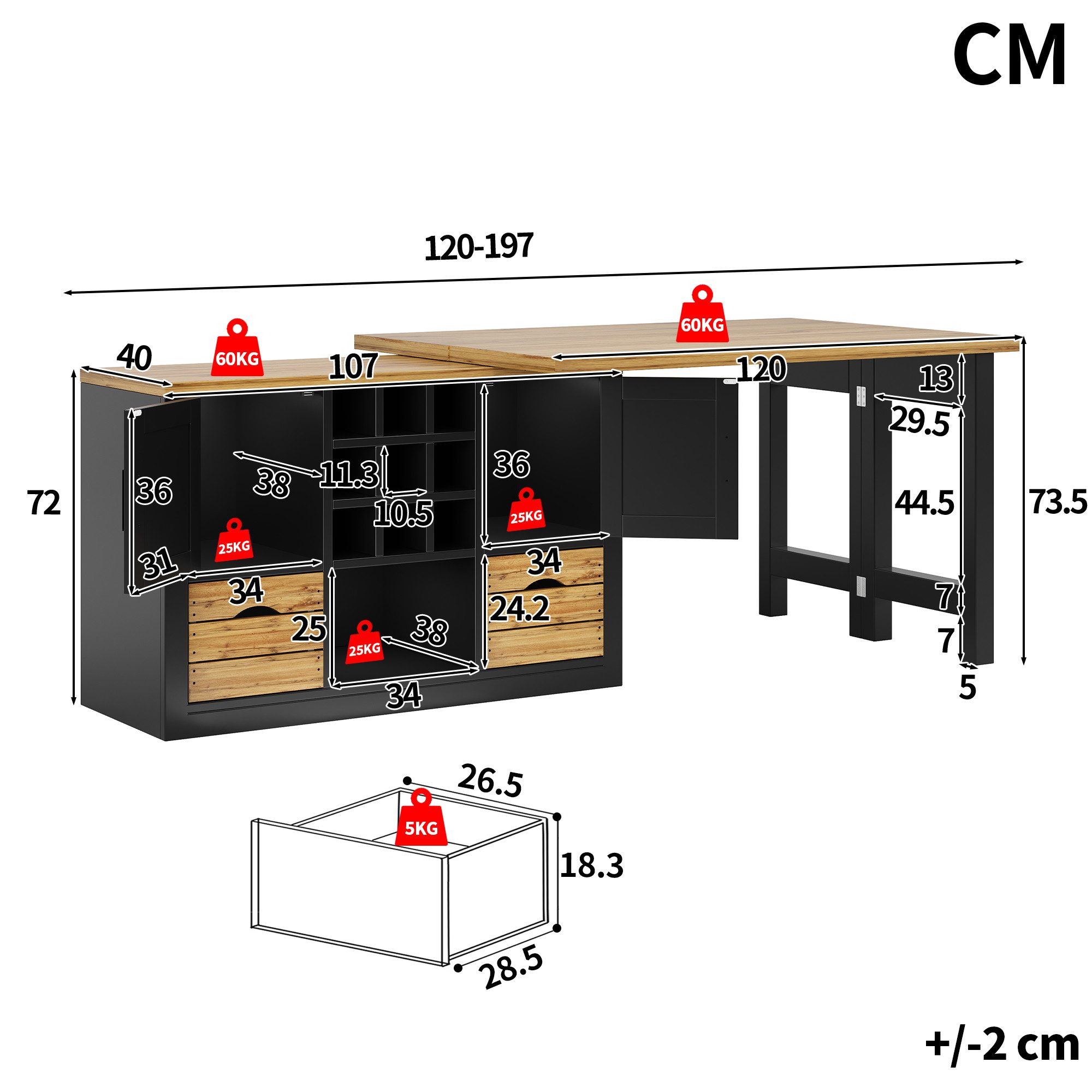 KLAM HOME Kücheninsel Ausziehbarer Kücheninsel-Esstisch Schwarz mit 360° drehbarer Platte, (Multifunktionaler MDF Tisch mit Sideboard & großem Stauraum), Transformierbarer Ess- und Küchentisch bis 197cm ausziehbar