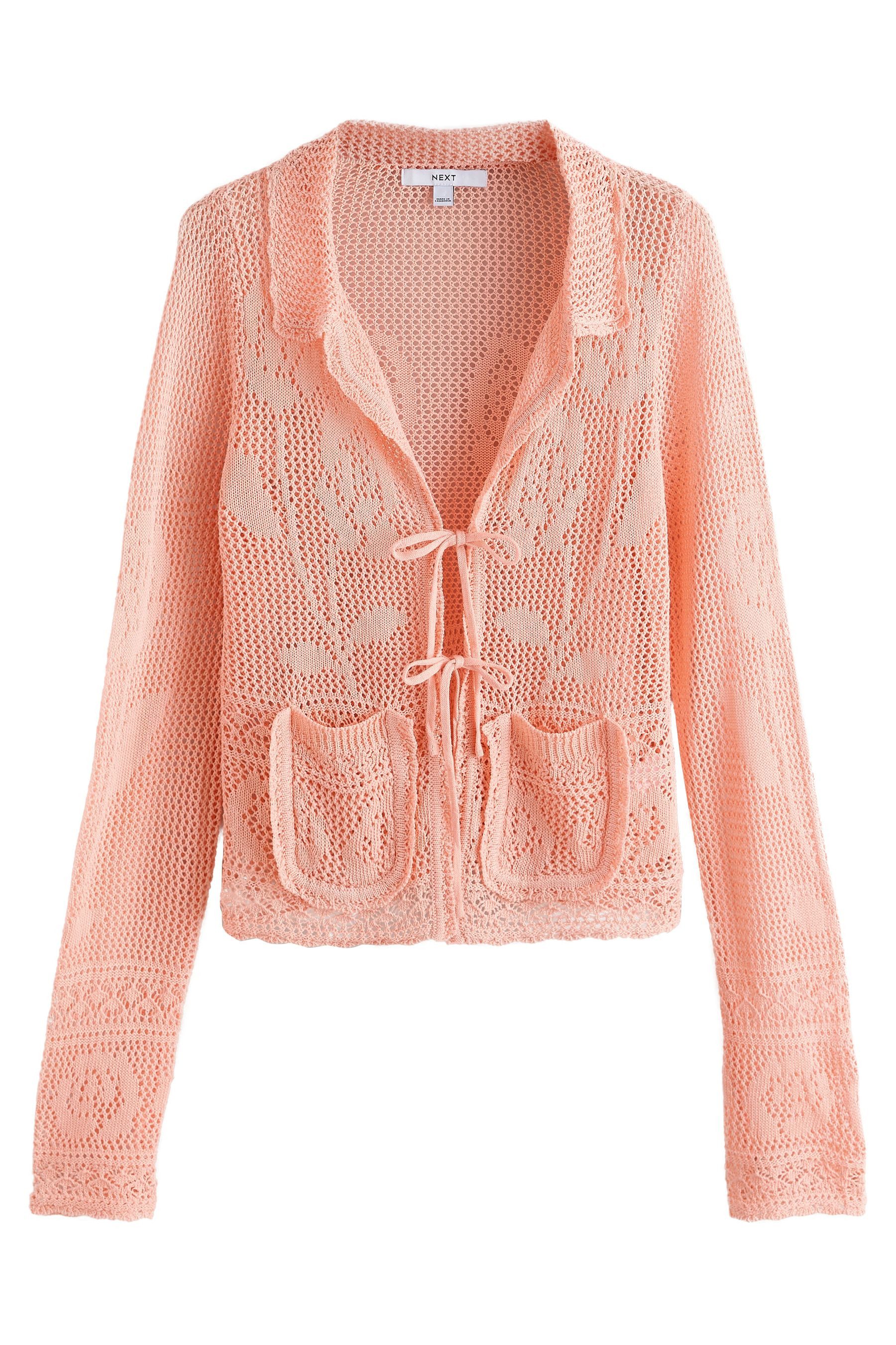 Next Strickjacke Strickjacke mit Bindedetail, Mesh und Leinenanteil (1-tlg)