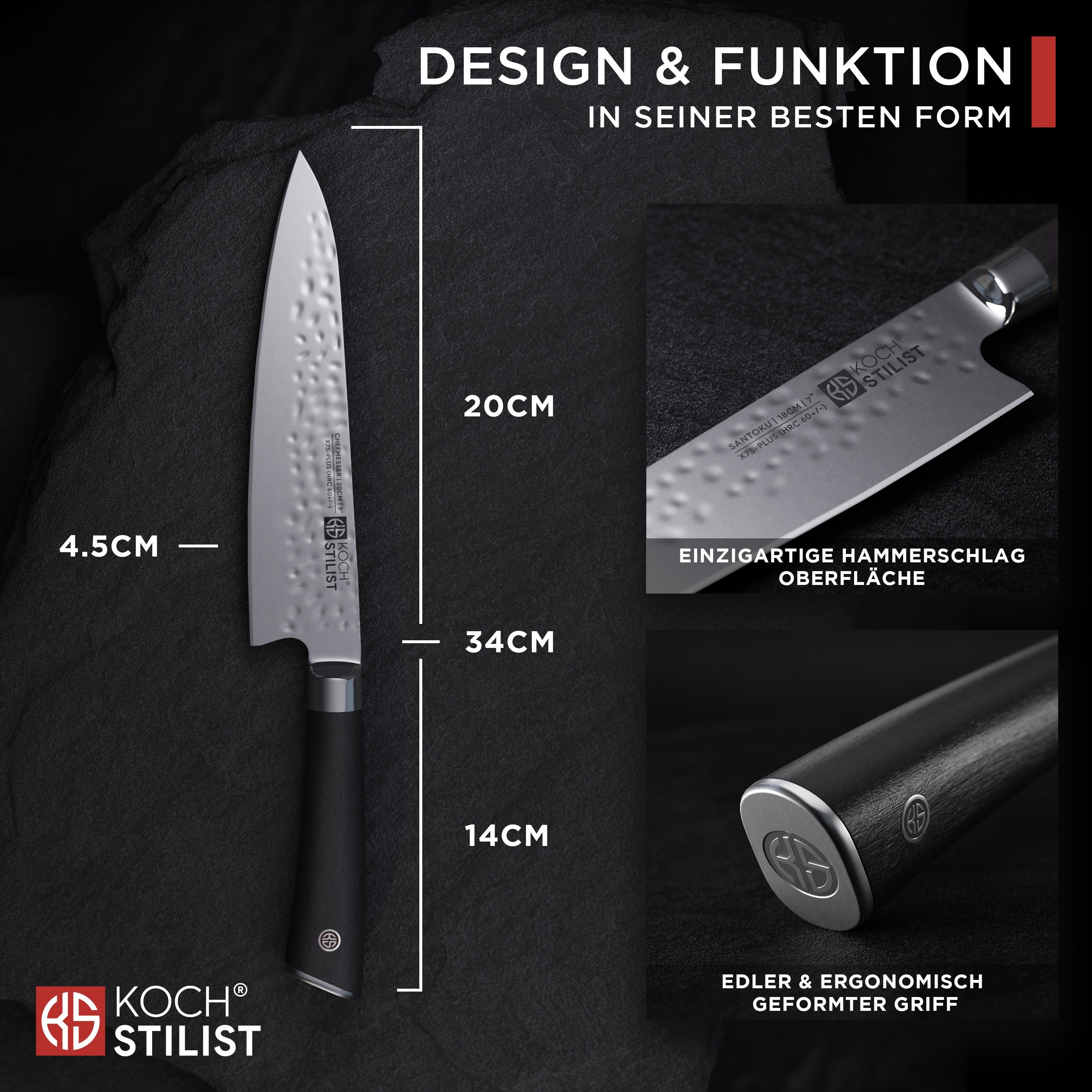 KOCHSTILIST by Kris Wu Kochmesser Premium, extra scharf, 20 cm - hohe Schneidleistung im edlen Design, Küchenmesser, Japan, Chef, Messer, Damast, Set, Schwarz,  – Bild 4 von 5