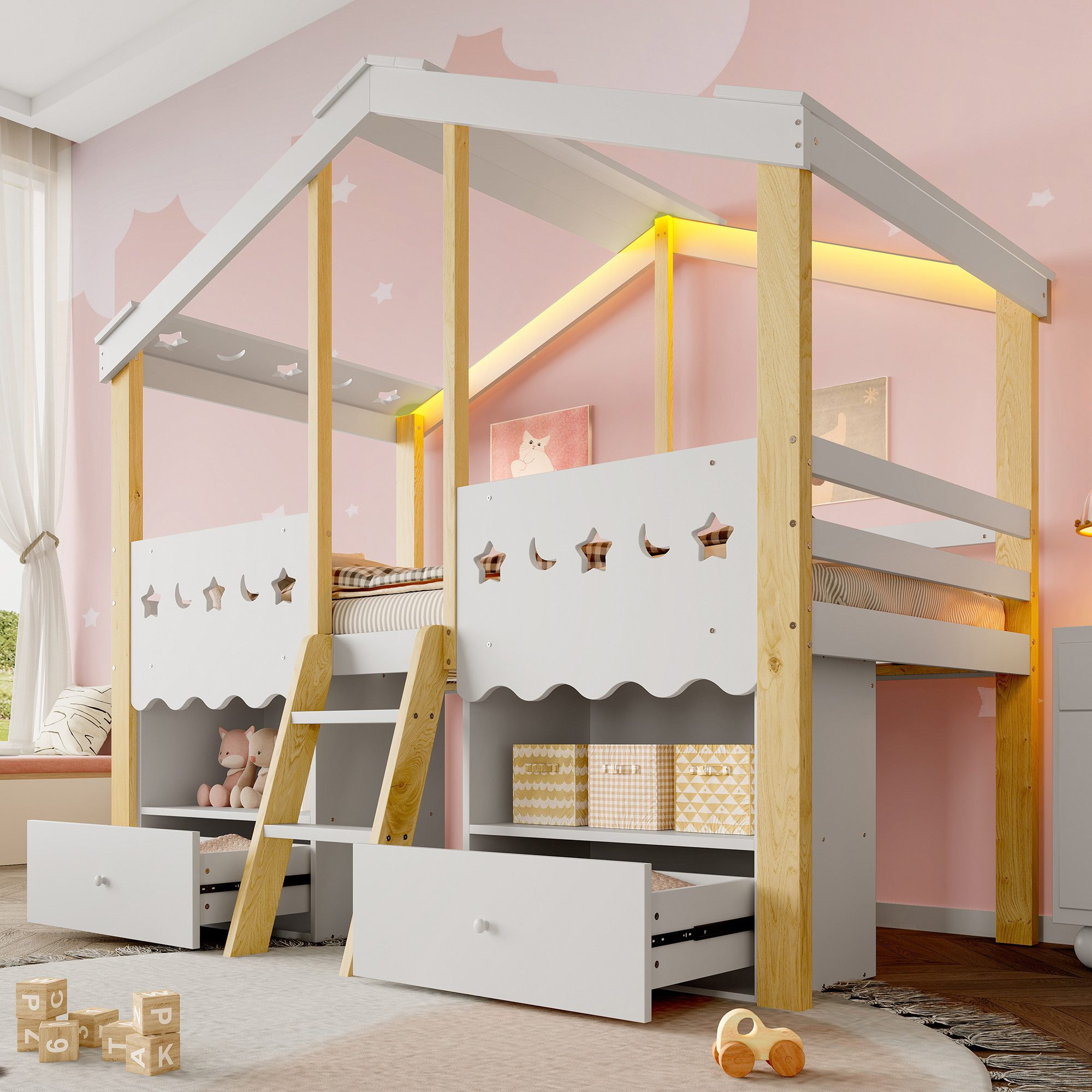REDOM Kinderbett mit LED-Lichtleiste & 2 Schubladen (Hausform-Design, Holzbett, Einzelbett, 90x200 cm), ohne Matratze
