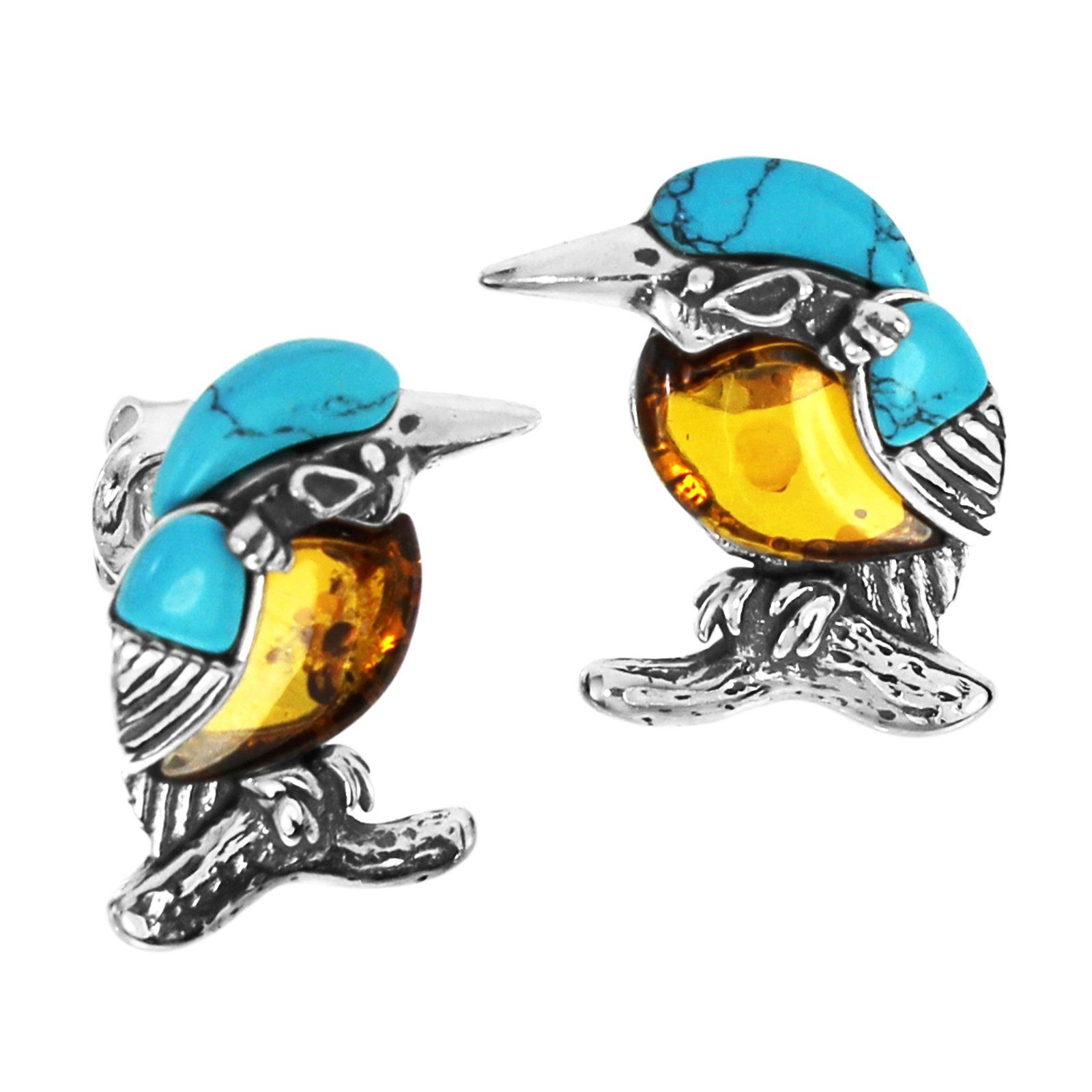 OSTSEE-SCHMUCK Paar Ohrstecker - Vogel - Silber 925/000 - Bernstein/rek. Türkis (2-tlg)