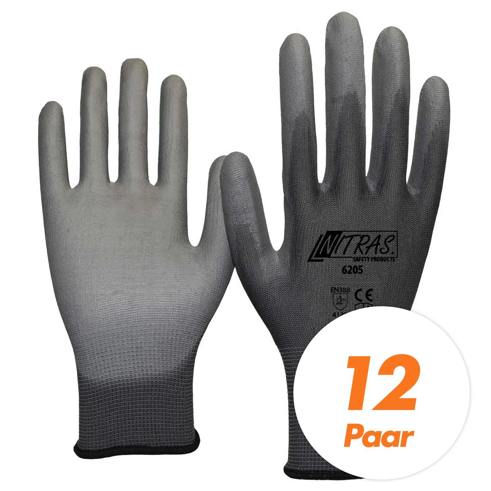 Nitras Nitril-Handschuhe NITRAS 6205 Nylon Strickhandschuh grau, Gartenhandschuhe - 12 Paar (Spar-Set)