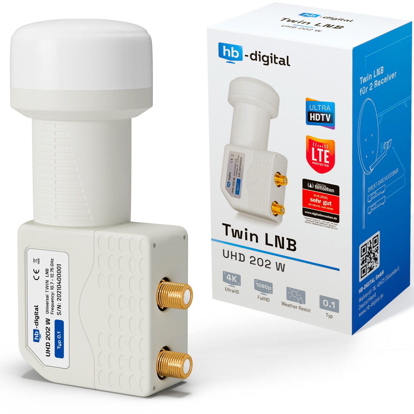 HB-DIGITAL Lnb Twin für 2 Teilnehmer UHD 202 W LTE Filter wetterfest weiß Universal-Single-LNB (für 2 Teilnehmer, Die vergoldeten F-Anschlüsse für noch bessere Signalübertragung)