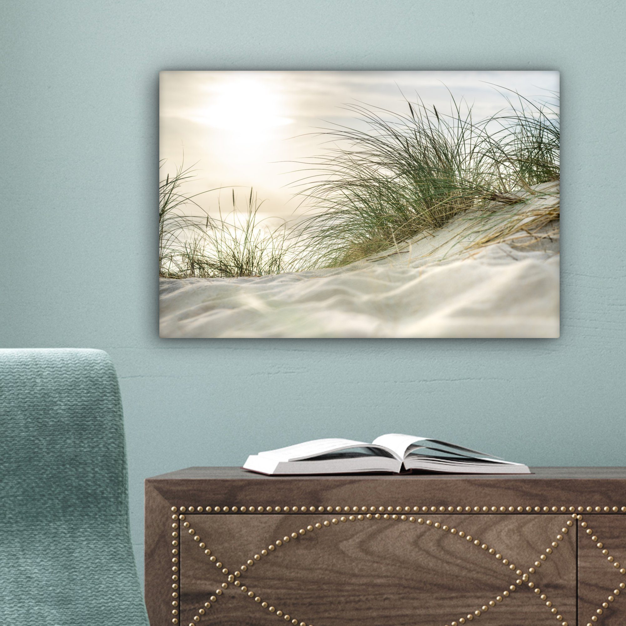 Dünen Sonne St), (1 Leinwandbilder, Strandhafer mit Wandbild 30x20 cm Aufhängefertig, OneMillionCanvasses® Nationalparks, in Wanddeko, Leinwandbild des der
