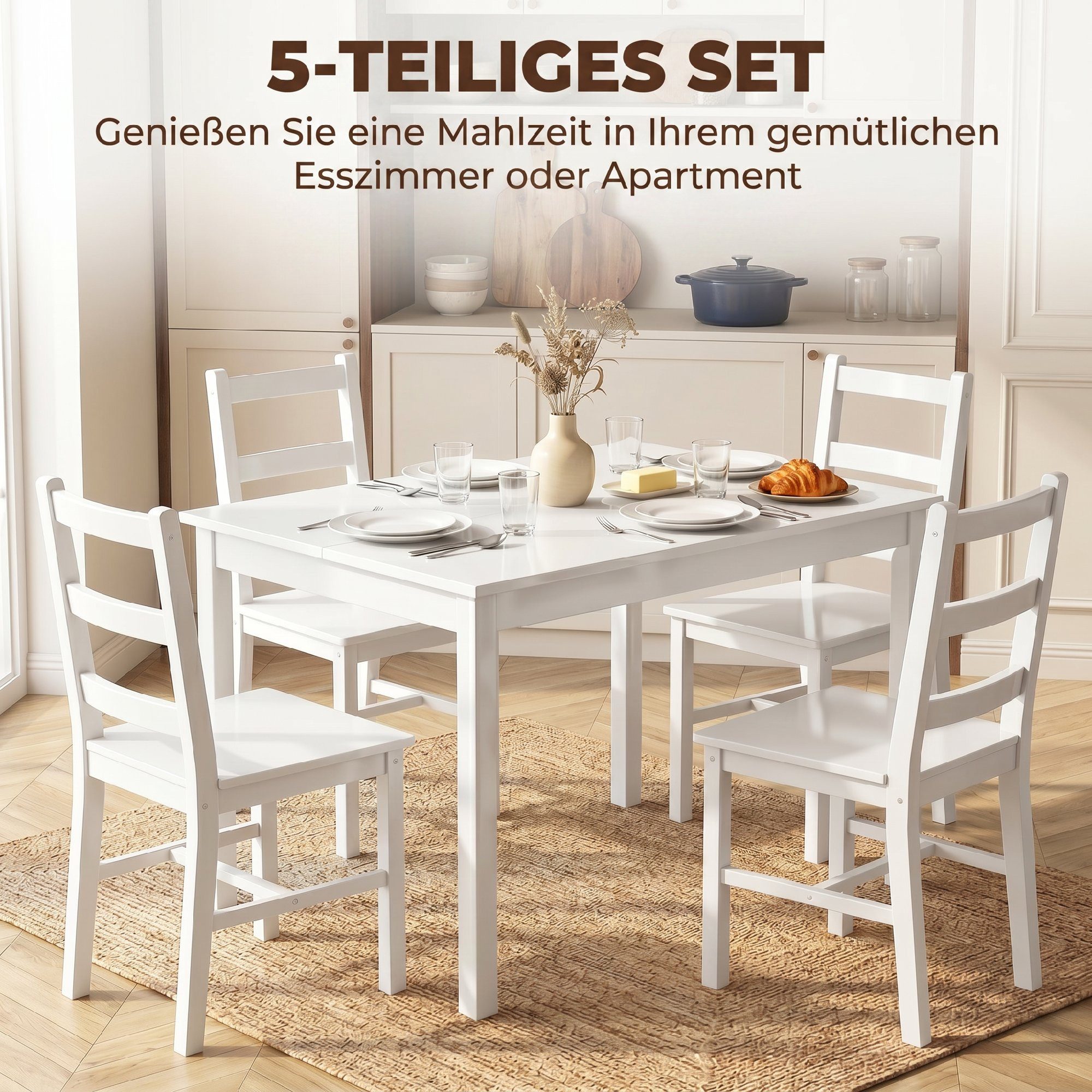 HOMCOM Essgruppe Esszimmergruppe aus Kiefernholz, (Holztisch, 5-tlg., 1 Tisch, 4 Stühle), für Kleine Räume, Esszimmer, Küche, Wohnzimmer, Weiß – Bild 4 von 5