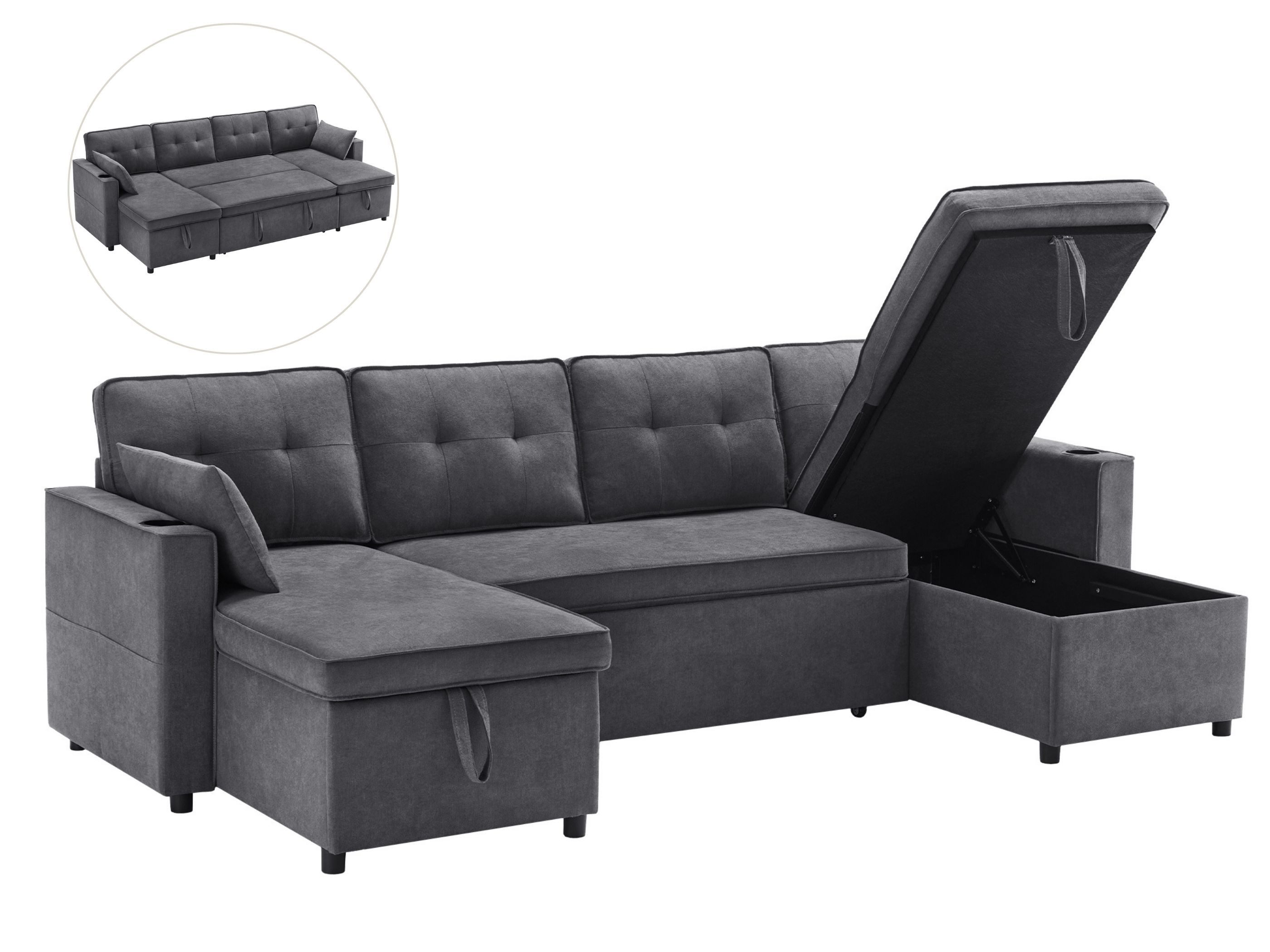 SeedWave Schlafsofa mit Ausziehbett, Doppelhocker mit Stauraum, Baumwoll-Leinen, 4-Sitzer, Kissen, Seitentaschen, Flaschenhalter, 150 kg Tragkraft pro Sitz